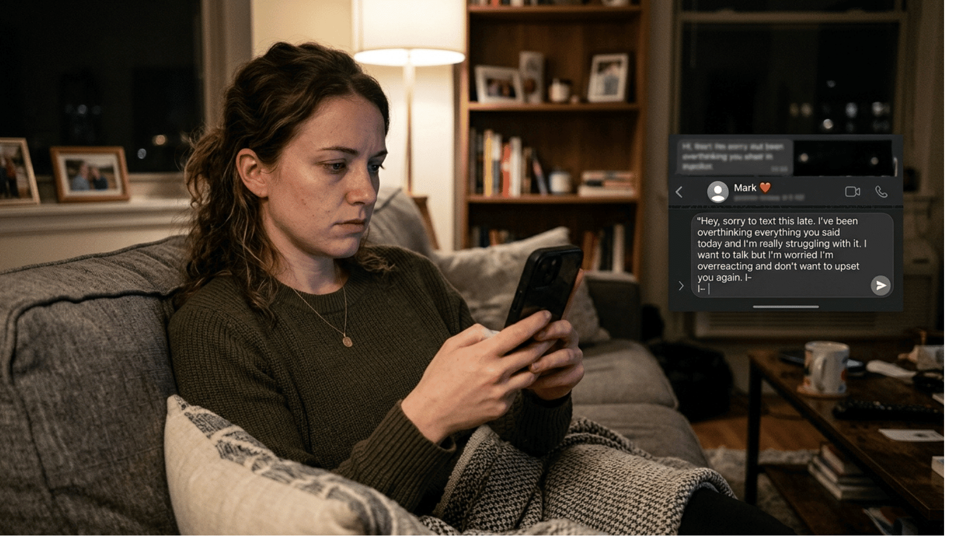 person overthinking an unsent text message to their partner