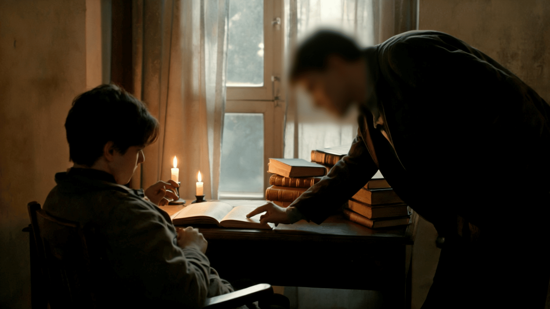 a standing figure leaning over a seated person and pointing at a book by candlelight, showing pressure and control