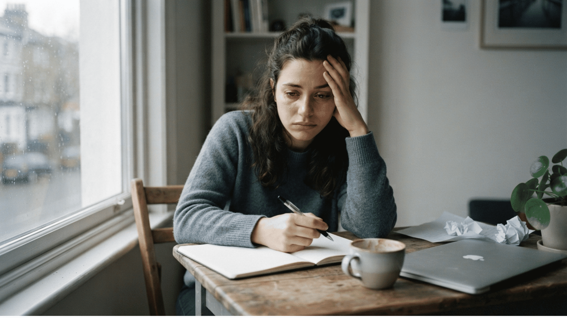 sad woman resting her head in her hand at a desk feeling self critical and discouraged
