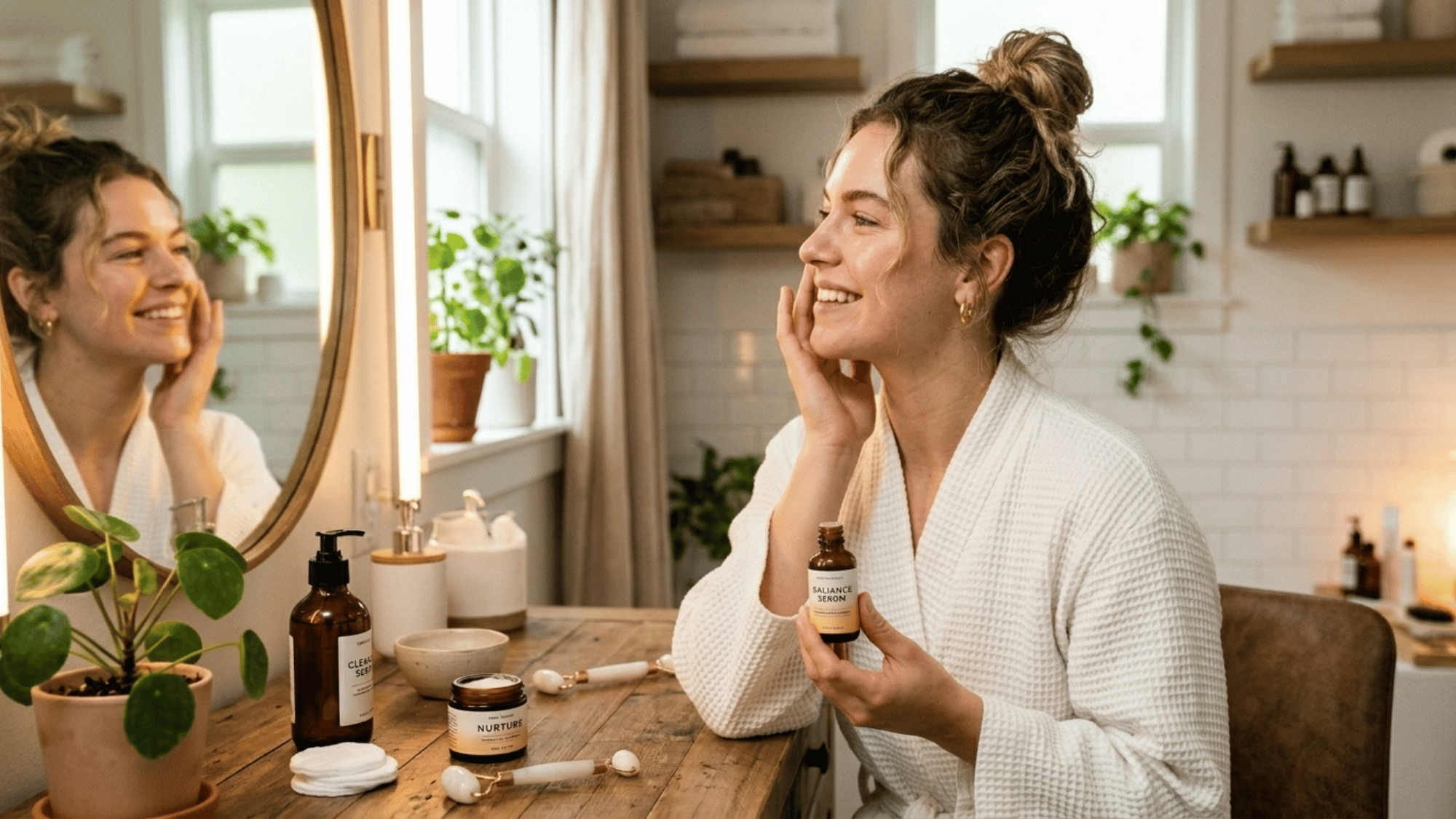 woman smiling at her reflection while applying facial serum during a calming morning skincare routine in a bright bathroom