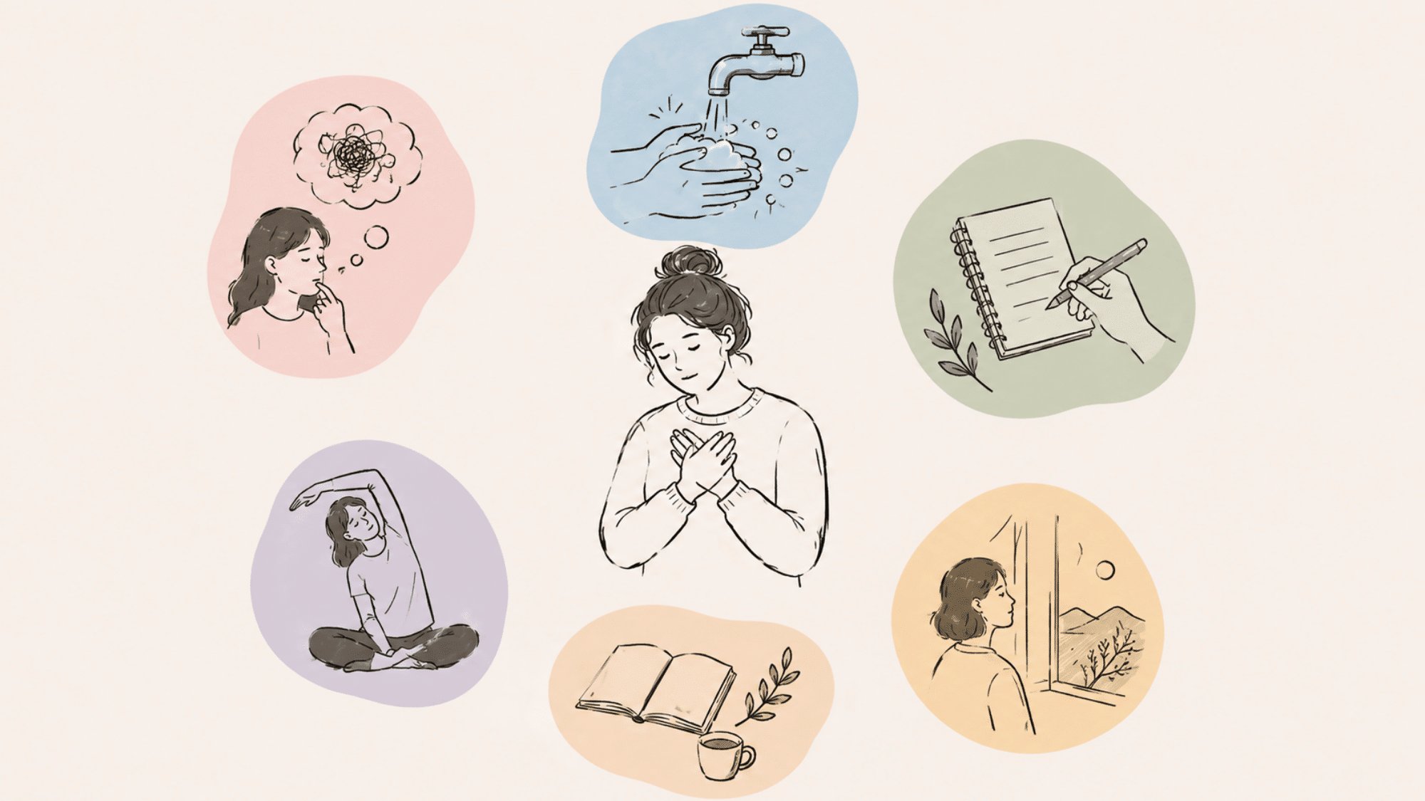 illustration showing a person surrounded by simple icons representing journaling mindfulness gentle movement reading self compassion and emotional healing habits