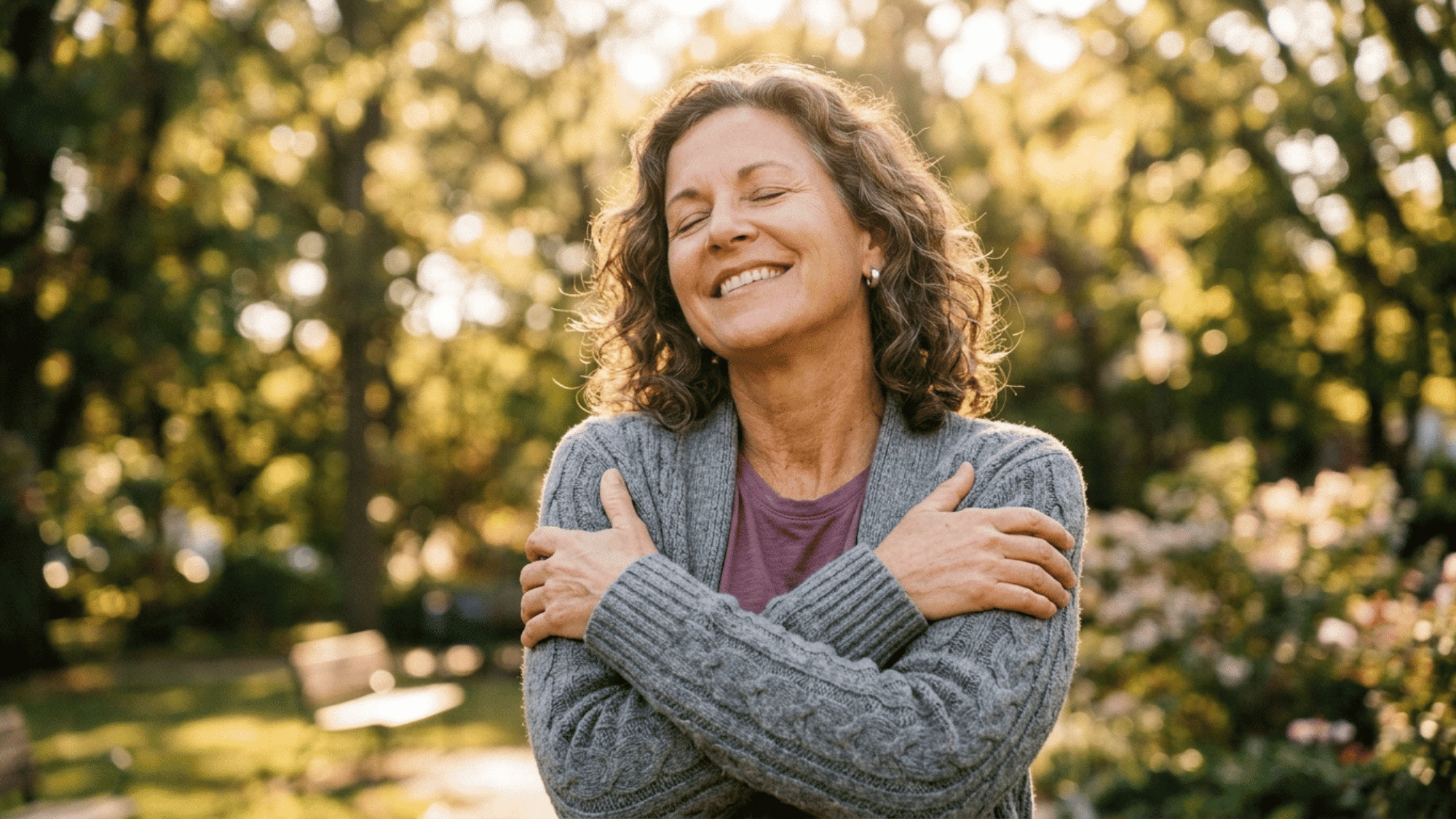 woman hugging herself with a peaceful smile while standing in a sunlit park surrounded by trees and flowers