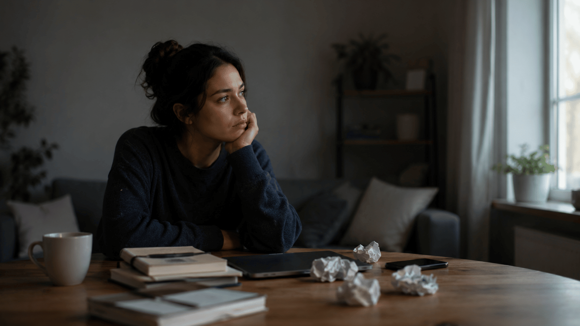 person sitting alone at a desk staring out the window with crumpled papers and unfinished work reflecting self sabotaging behavior