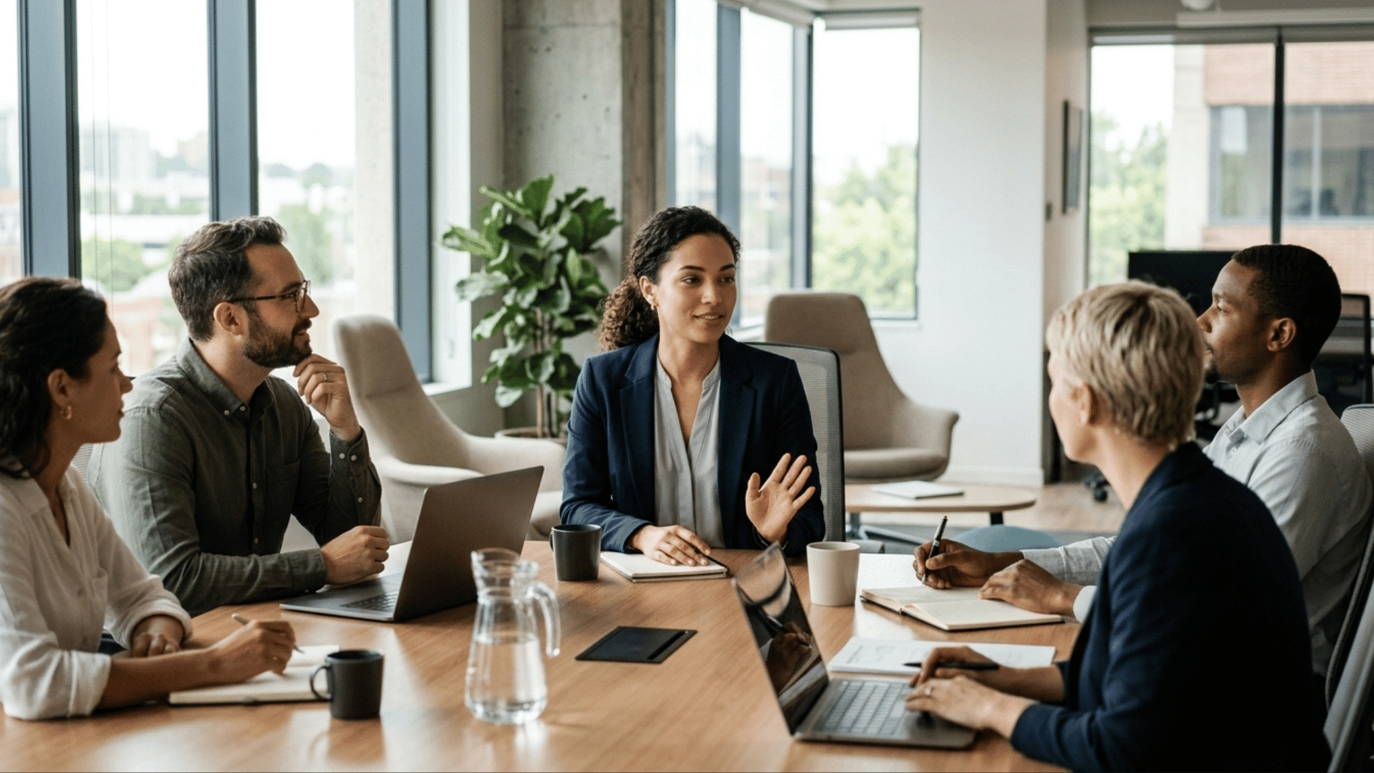 professional team having a respectful workplace discussion around a conference table during a collaborative meeting