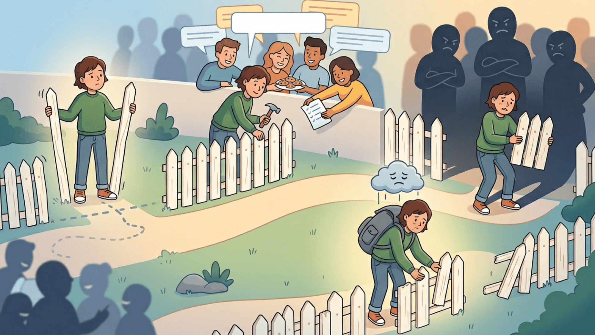 illustration of a person building fences to set healthy boundaries while managing social pressure, criticism, and emotional challenges.