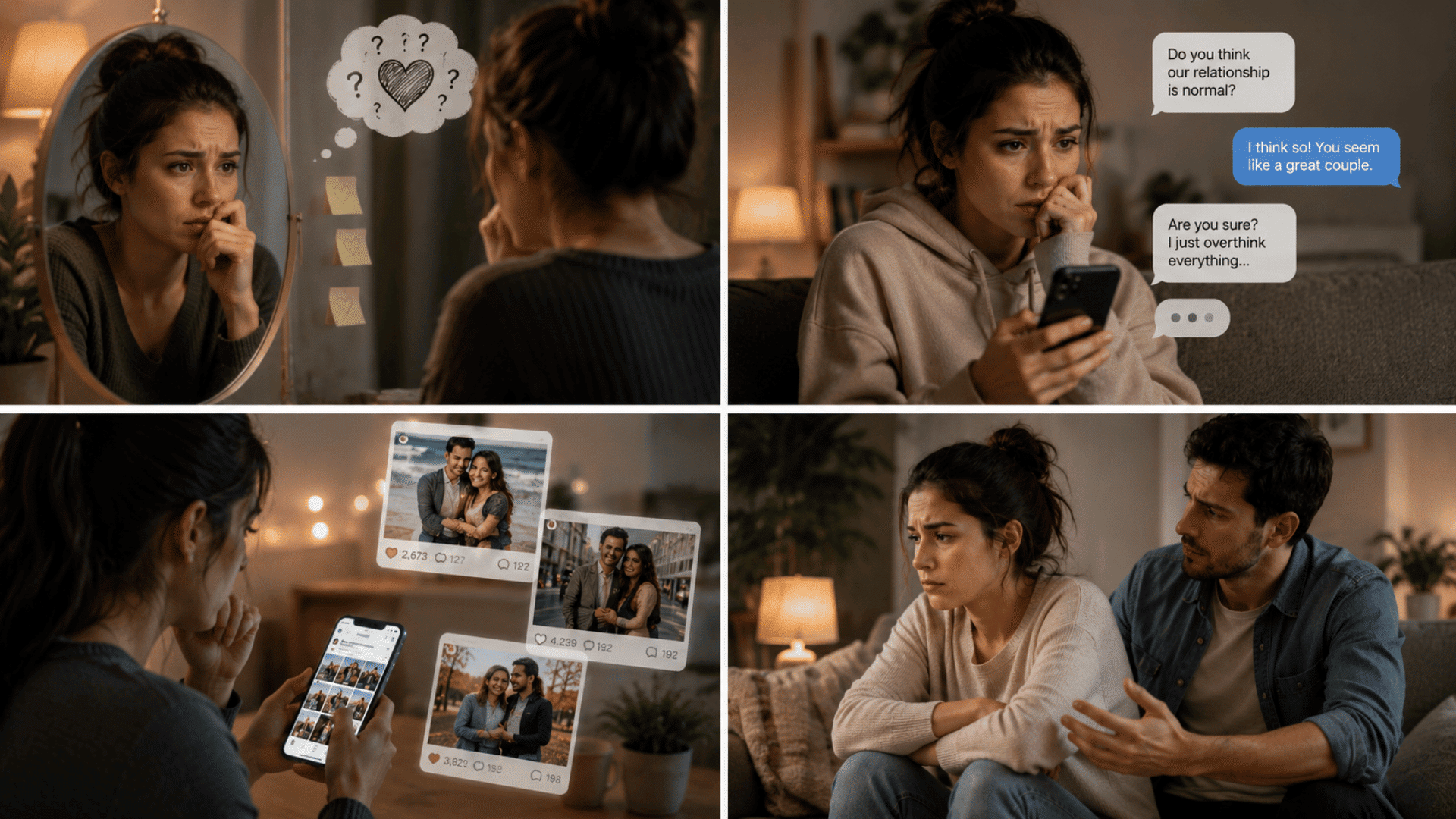 woman scrolling relationship photos while feeling anxious and uncertain