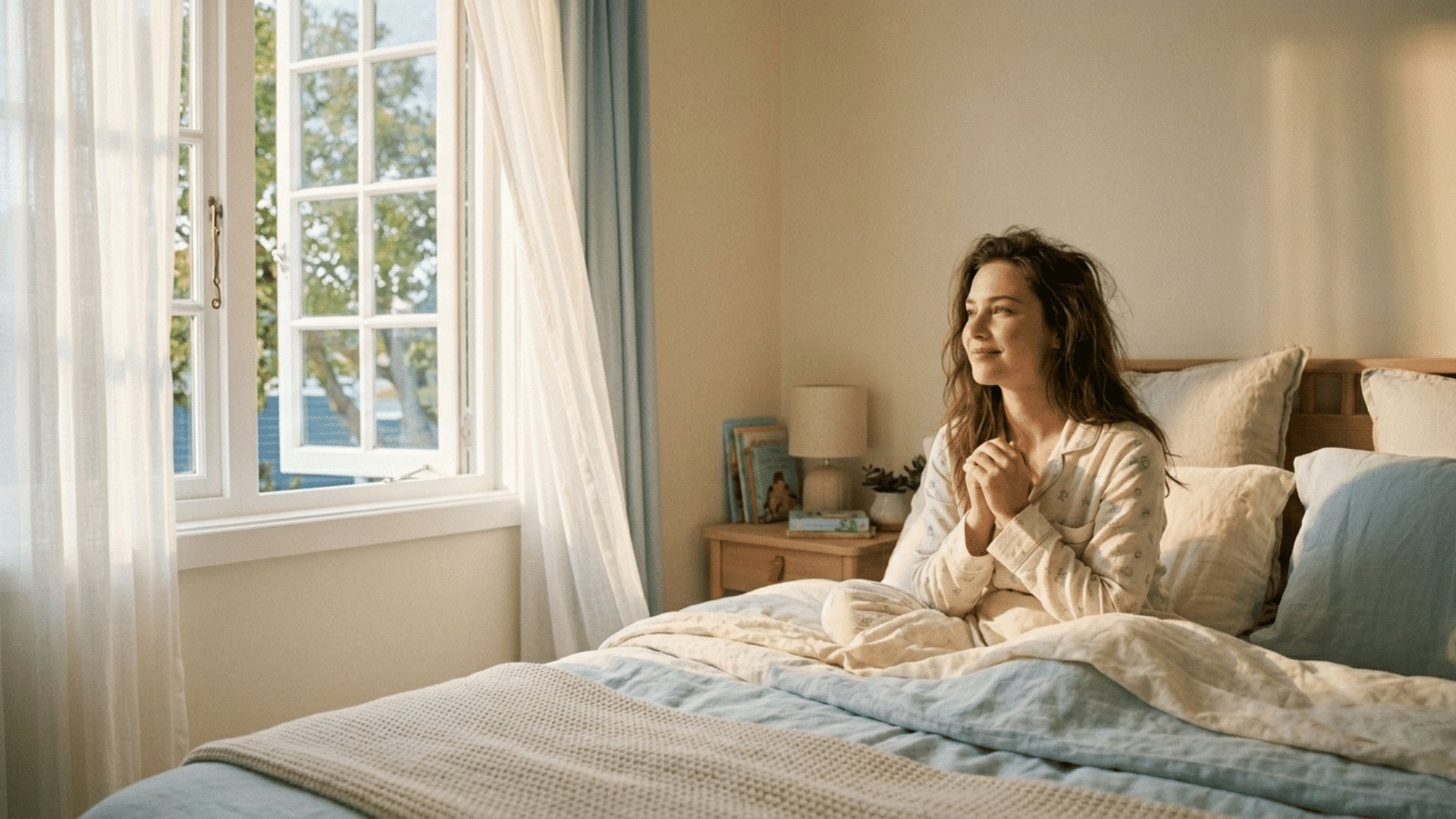 woman smiling softly while looking out the window in morning sunlight