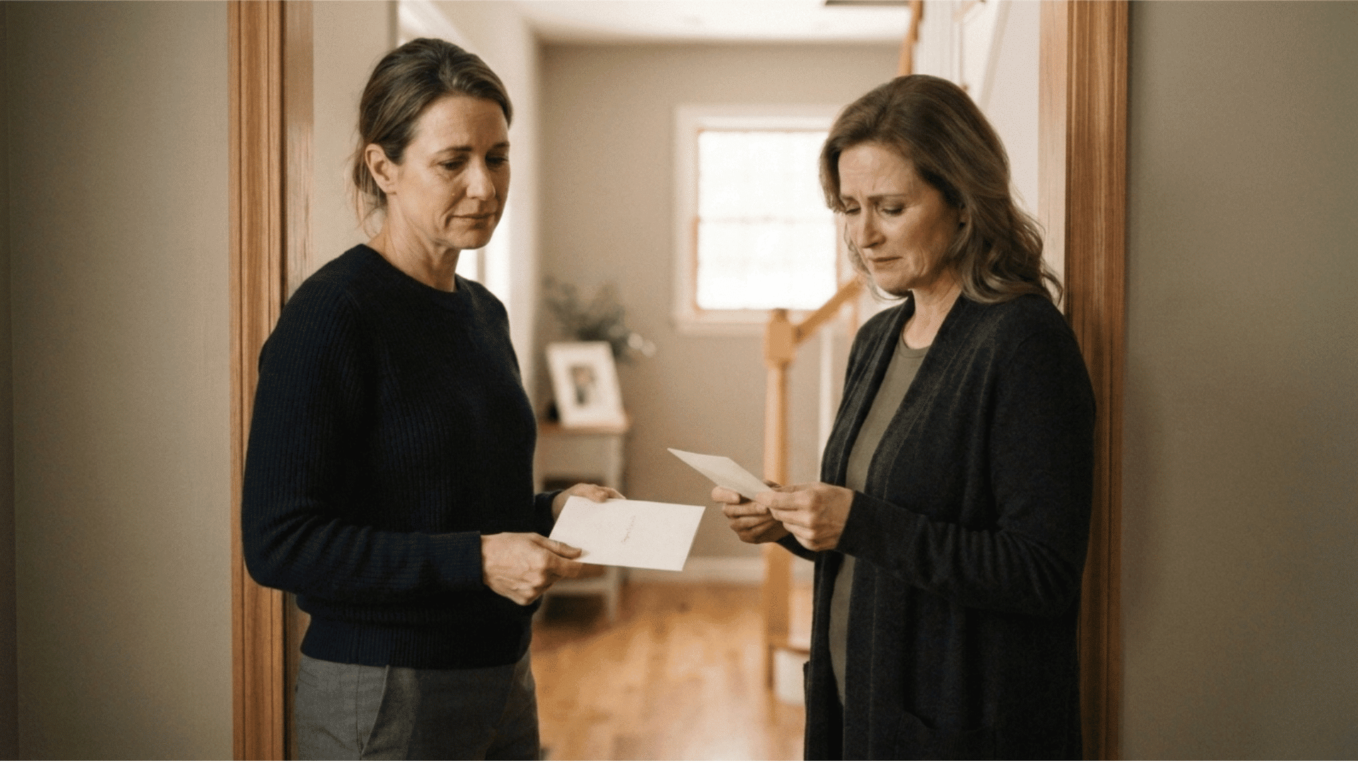 woman handing a sympathy card to another woman at the doorway