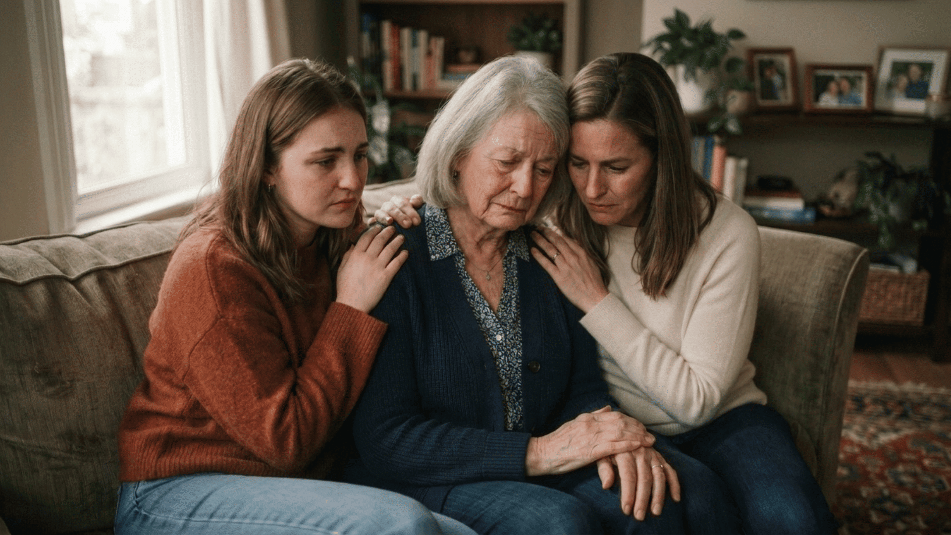 two women comforting their grieving grandmother on a couch