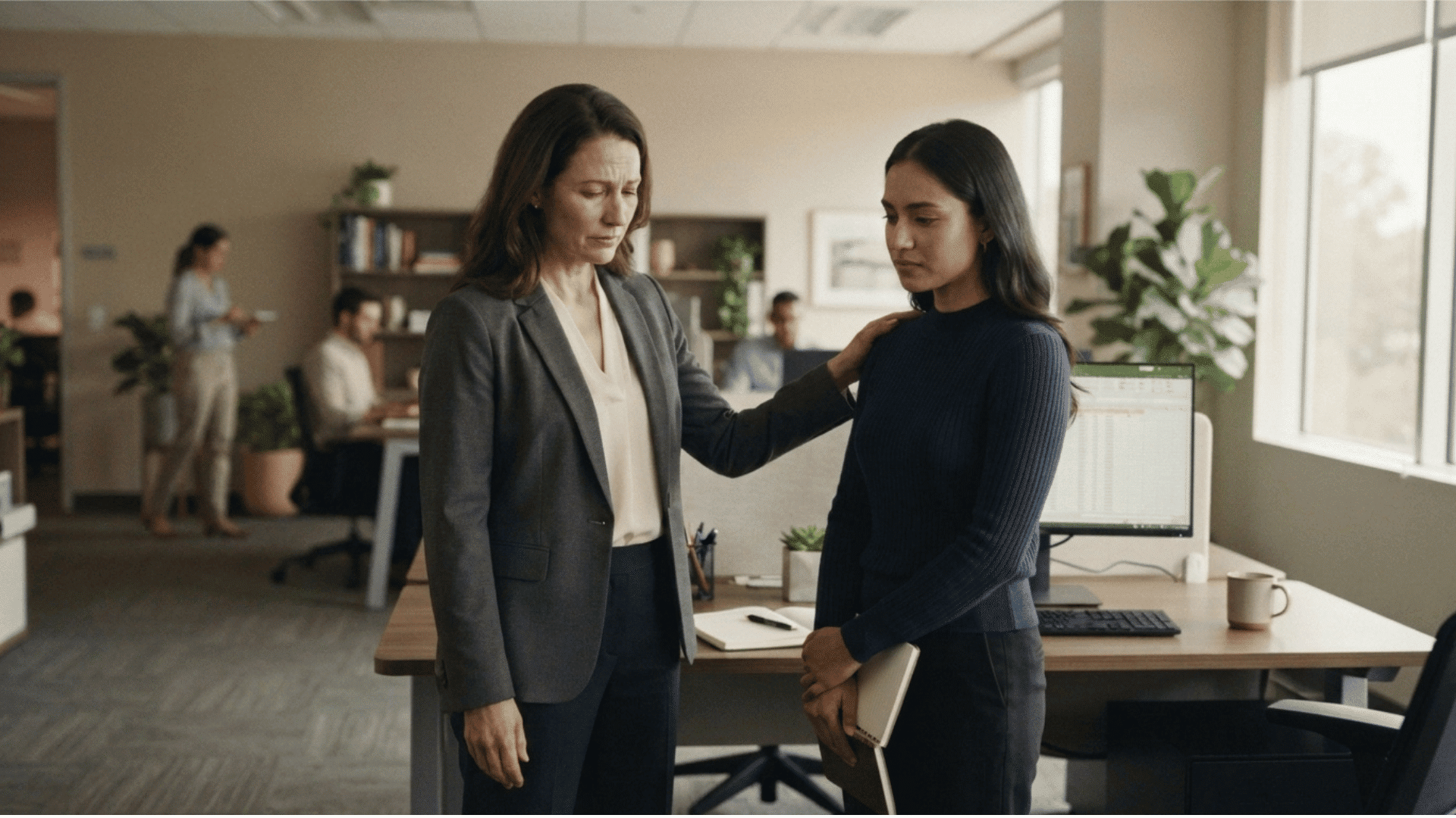 coworker comforting colleague with hand on shoulder in office
