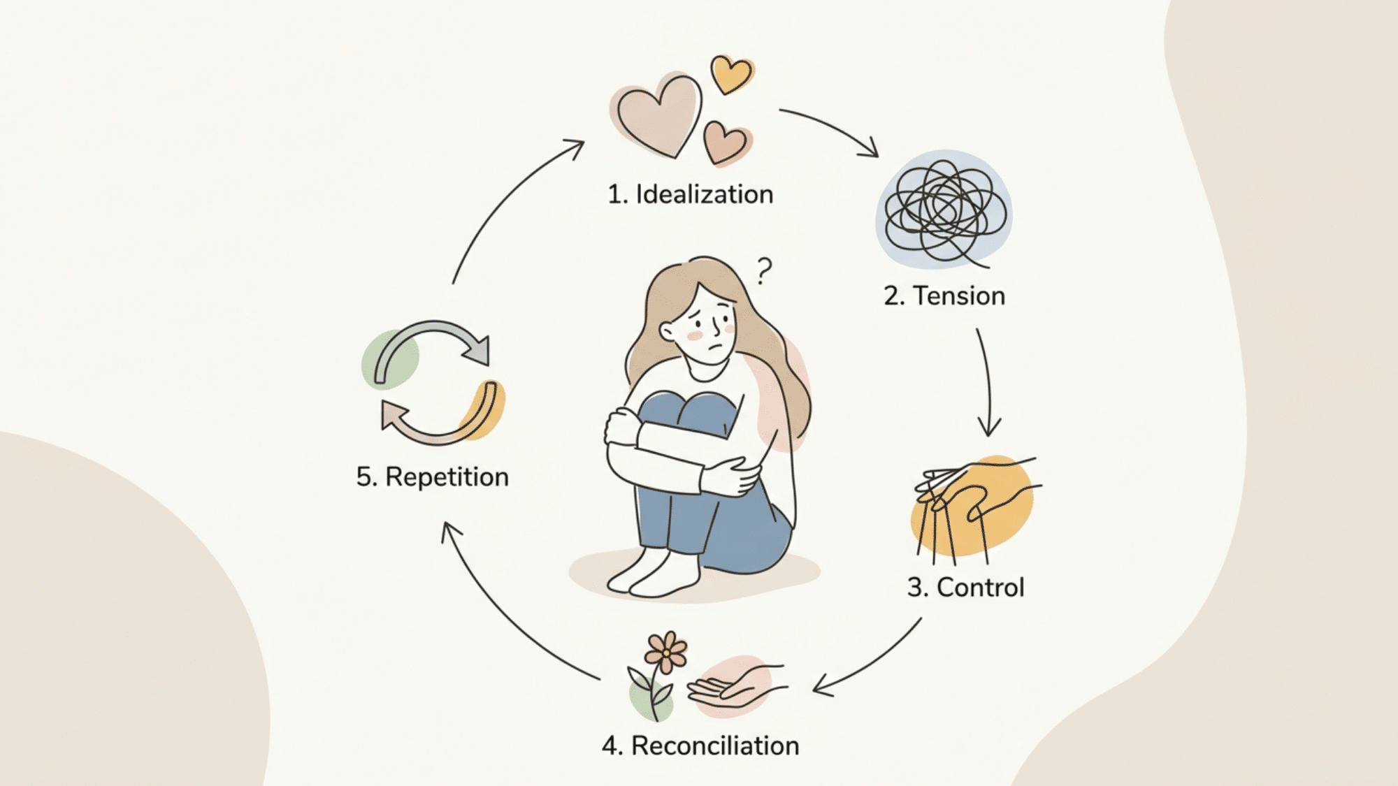 illustration showing the cycle of idealization tension control reconciliation and repetition in trauma bonding