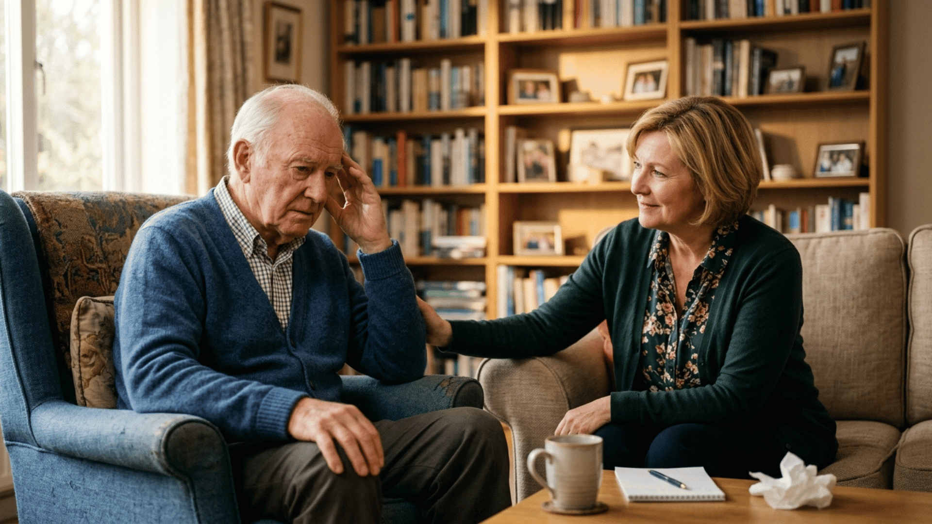elderly man with memory concerns receives gentle support from a caregiver in a warm living room