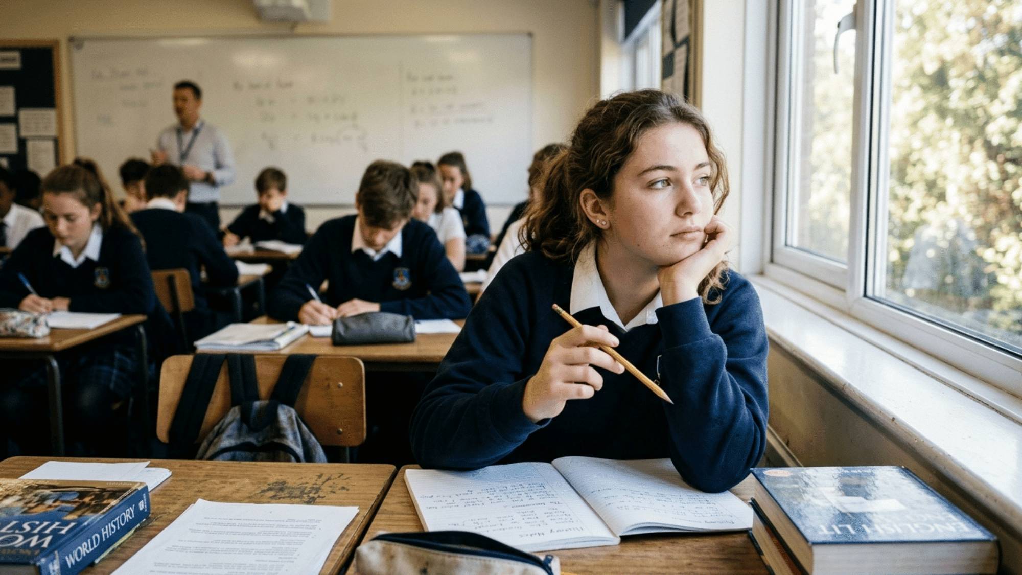 teen girl with adhd looking distracted during class while classmates study in the background near a bright window
