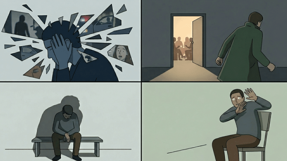 an illustration showing the four main PTSD symptom clusters including intrusion, avoidance, mood changes, and hyperarousal
