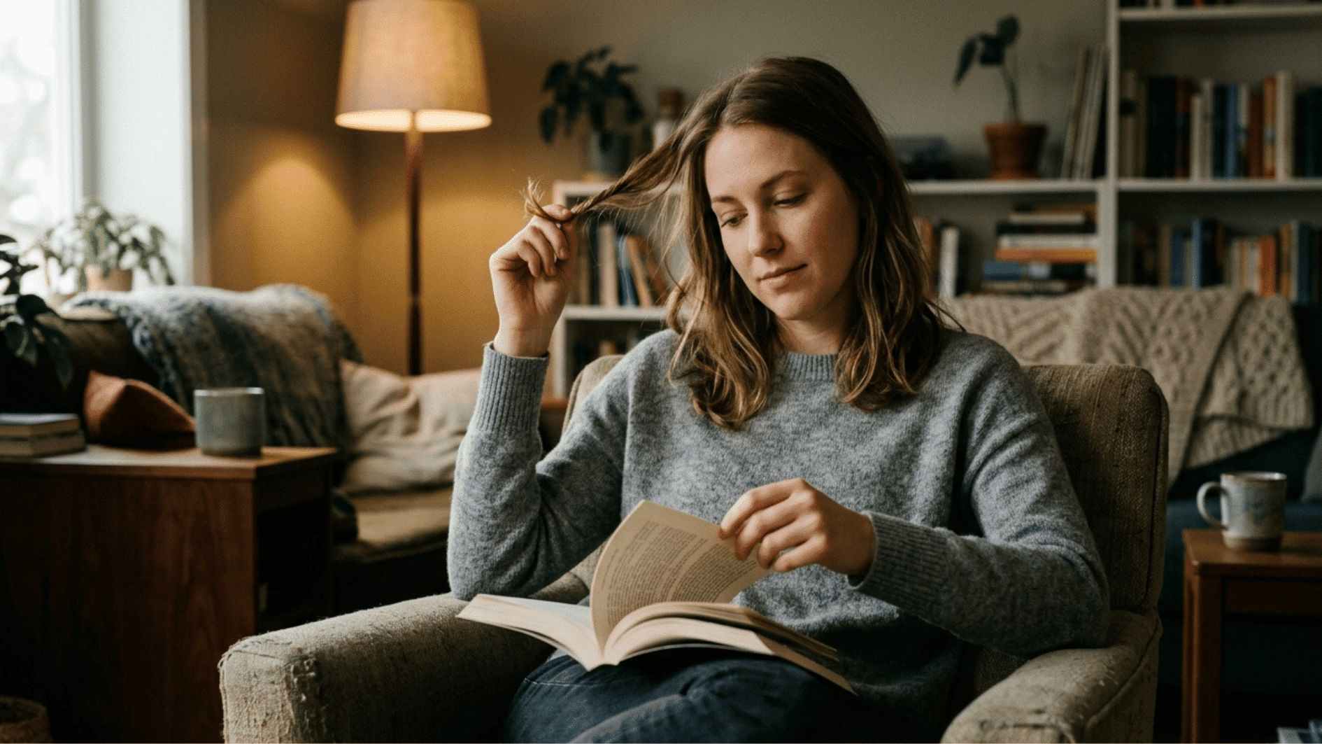 a person in a quiet room twirling their hair while flipping pages aimlessly