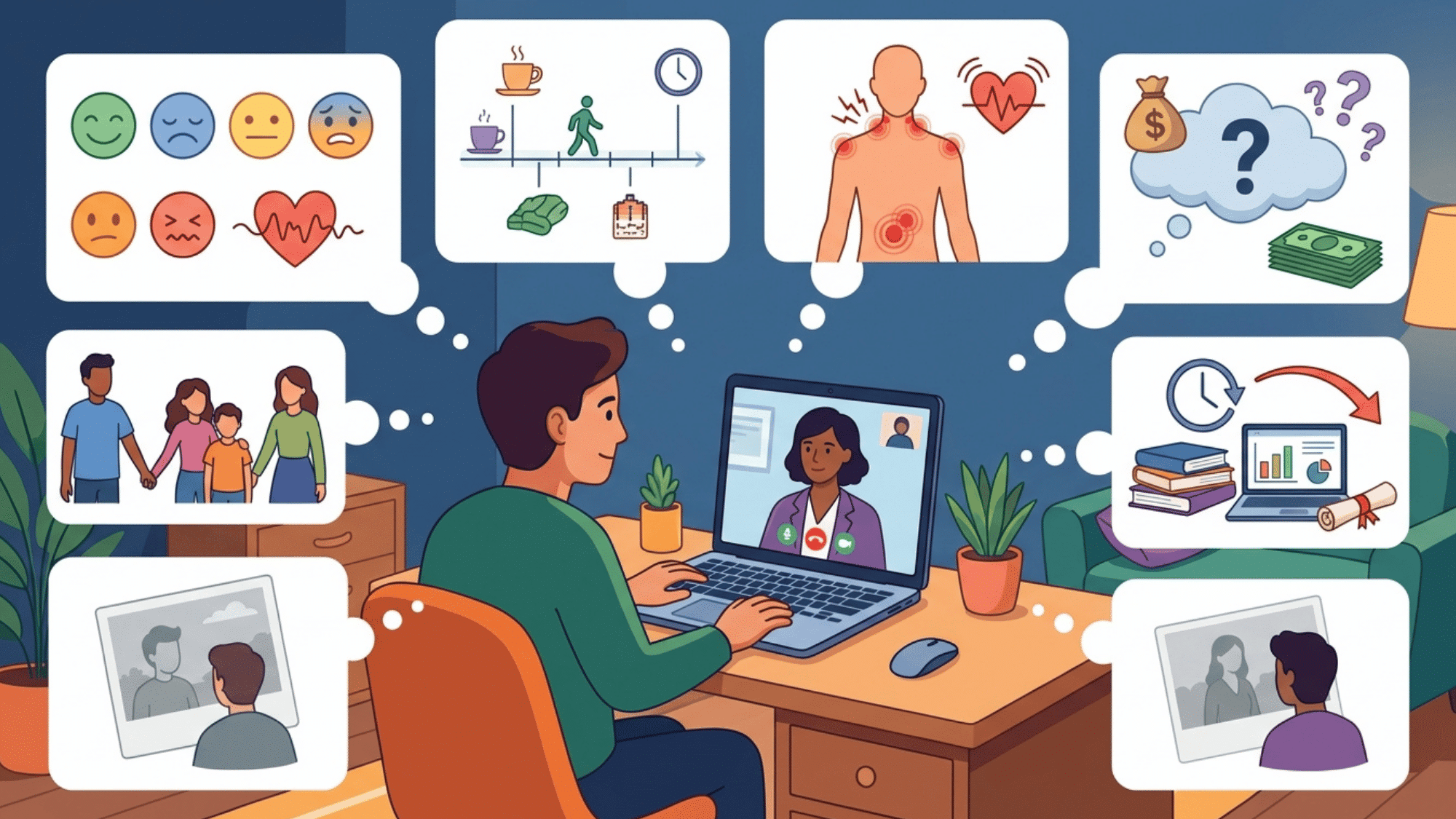 illustration showing a virtual therapy session addressing emotions, stress, relationships, health, finances, and personal growth.