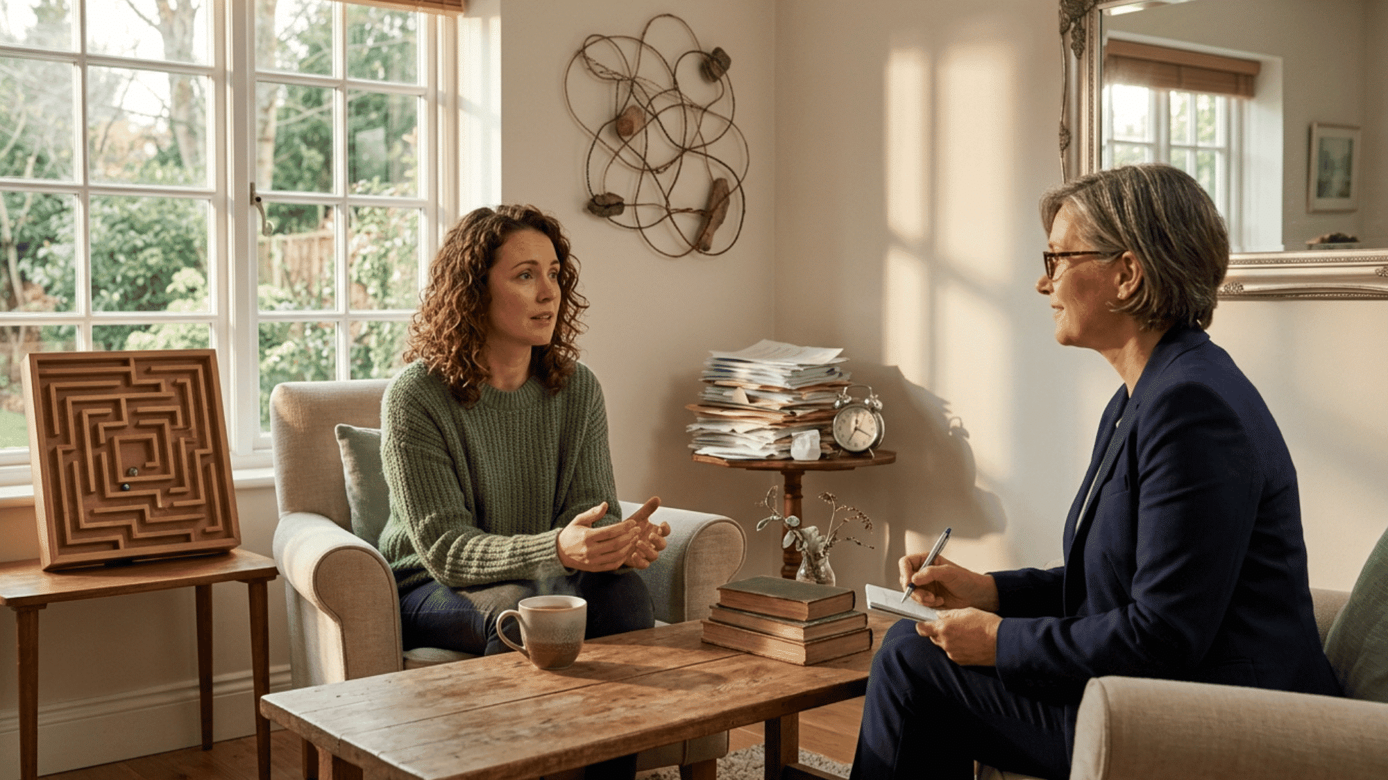 therapist and client engaged in a counseling session, discussing mental health challenges in a comfortable office setting.