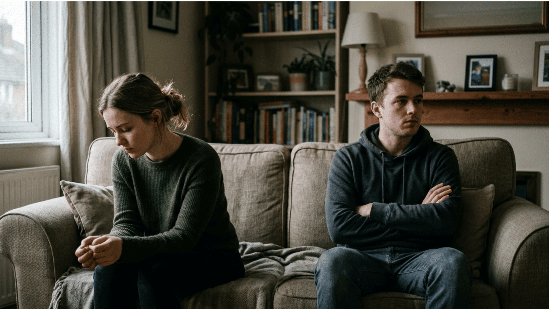 couple sitting apart on sofa showing relationship tension and conflict