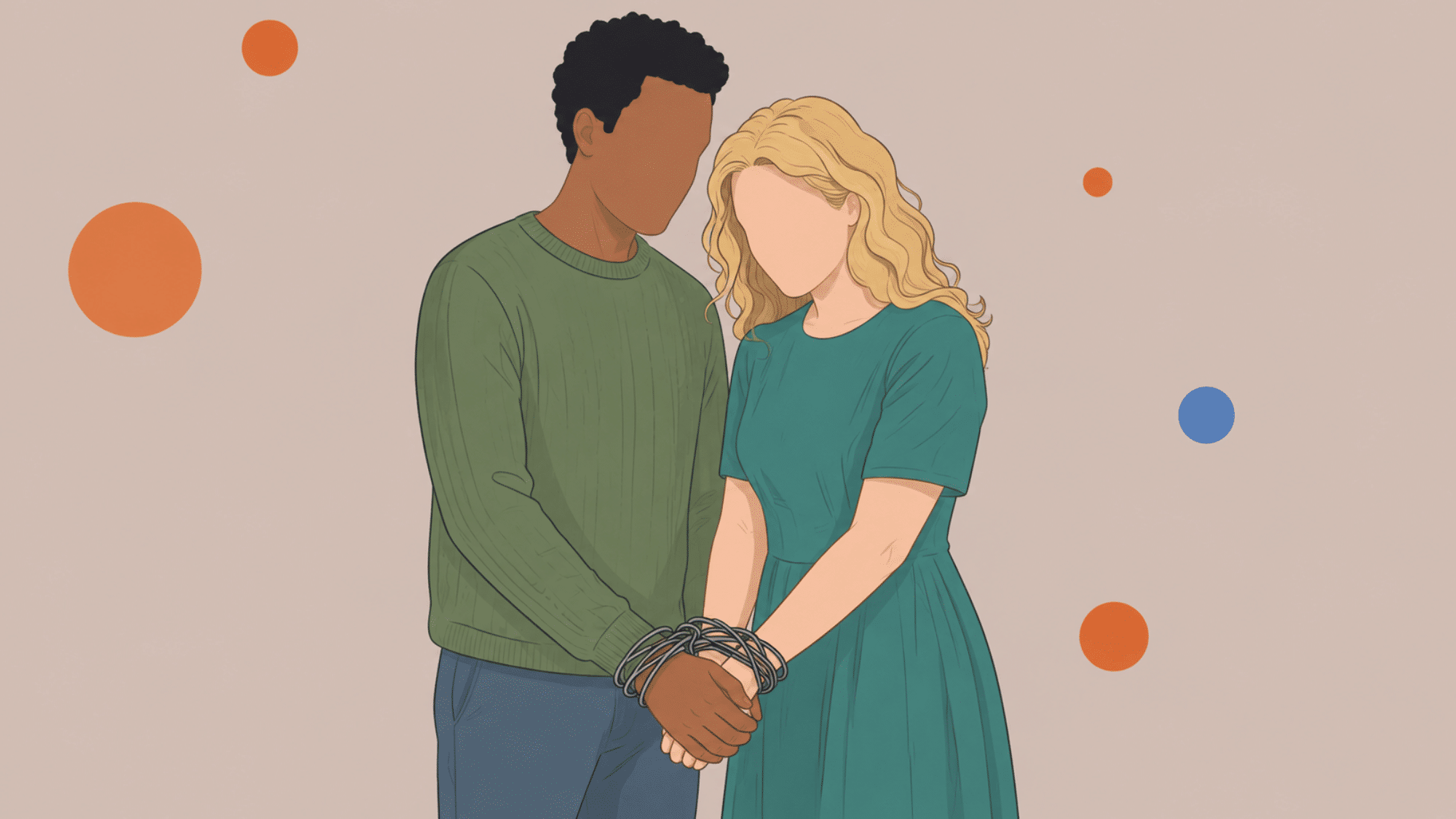 faceless illustration of a couple standing close with their hands gently bound by cords symbolizing emotional dependence and unhealthy attachment