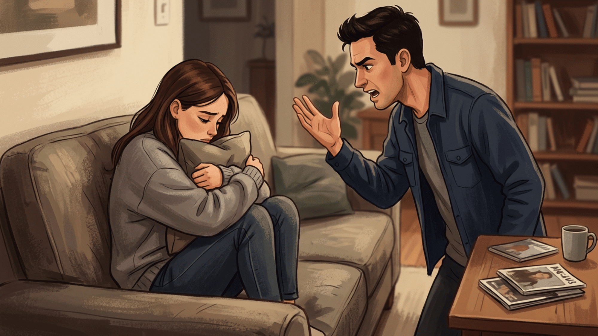 woman sitting curled up on a couch while an angry partner yells at her during an emotionally abusive relationship at home