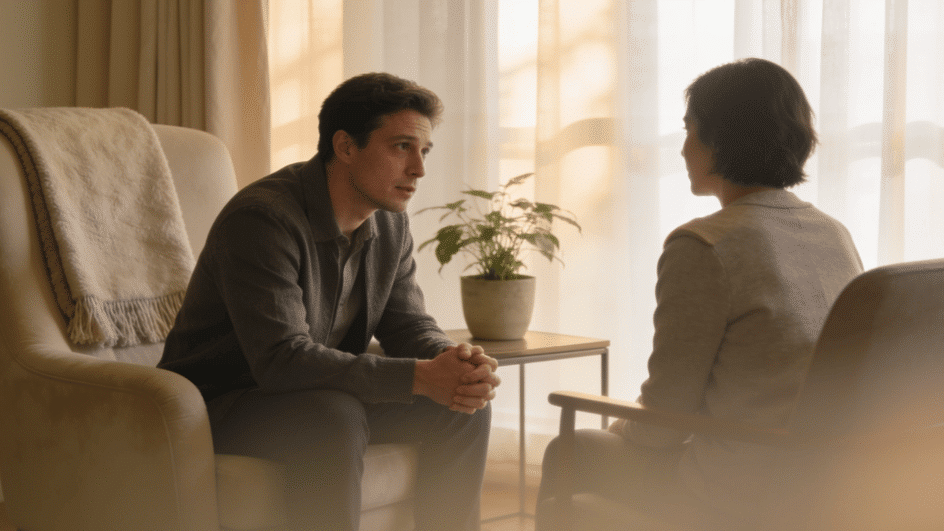 a person in a therapy session, seated in a calm warmly lit room, representing trauma-informed professional support