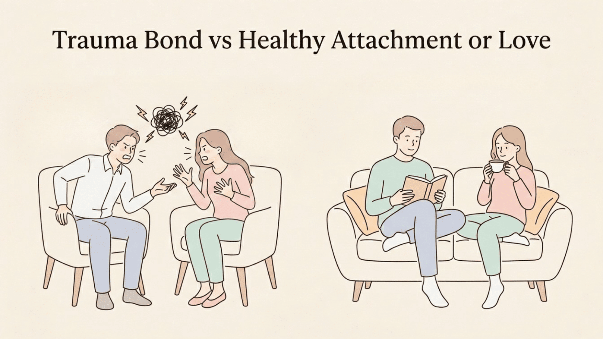 comparison of an anxious disconnected couple and a calm supportive couple showing relationship differences