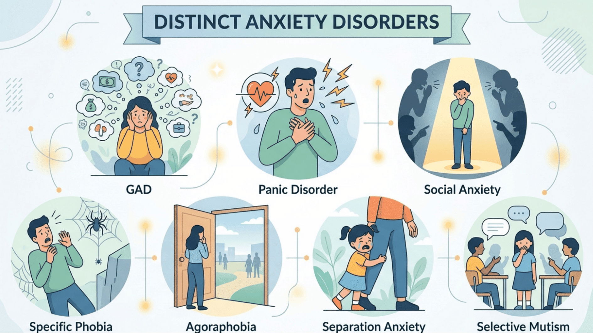 infographic showing different types of anxiety disorders including GAD and panic disorder