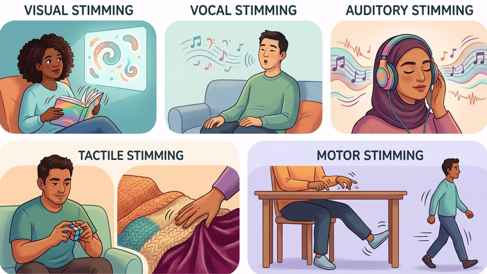 an illustration representing five types of adhd stimming