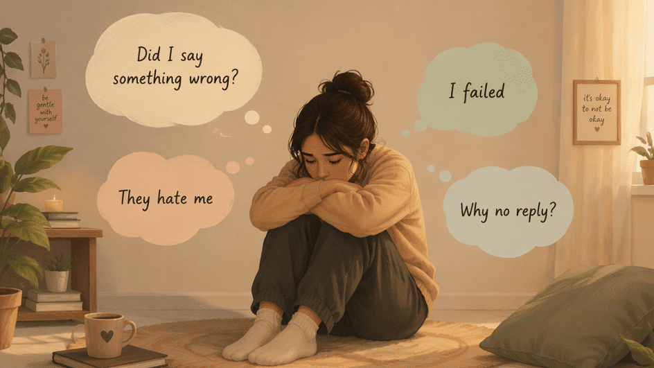 illustration of RSD ADHD showing a person overwhelmed by thoughts of rejection, criticism, and self-doubt