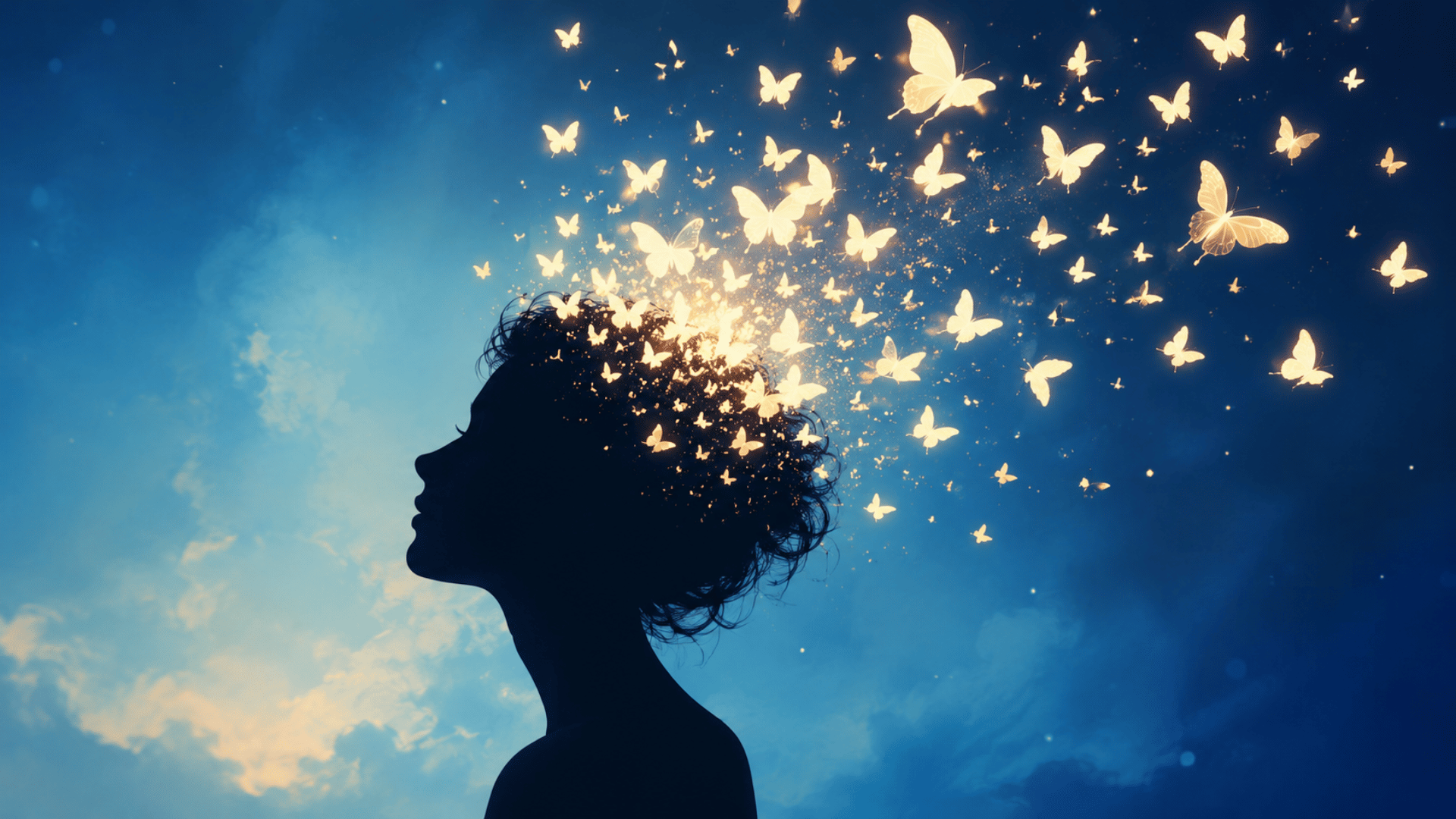 silhouette of a person with butterflies scattering from their head, symbolizing racing thoughts in adult ADHD