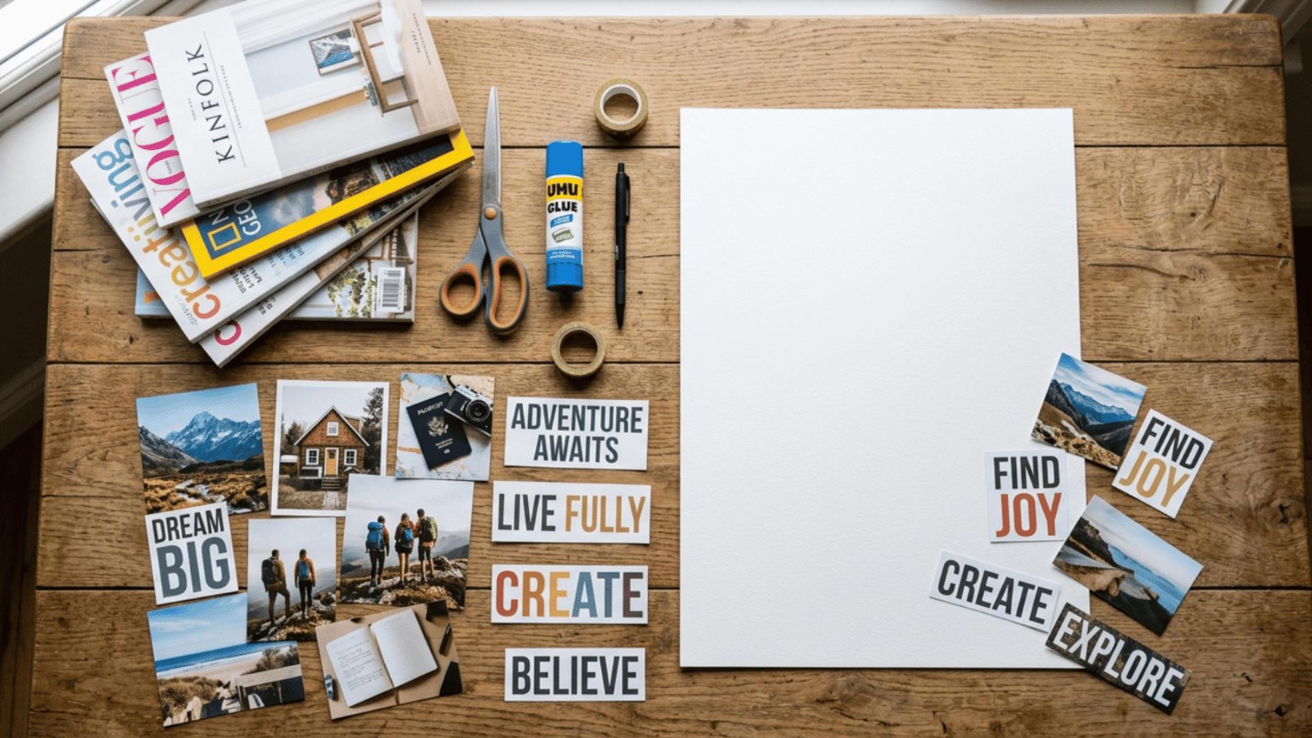 vision board supplies including magazines, scissors, glue, and cutout photos