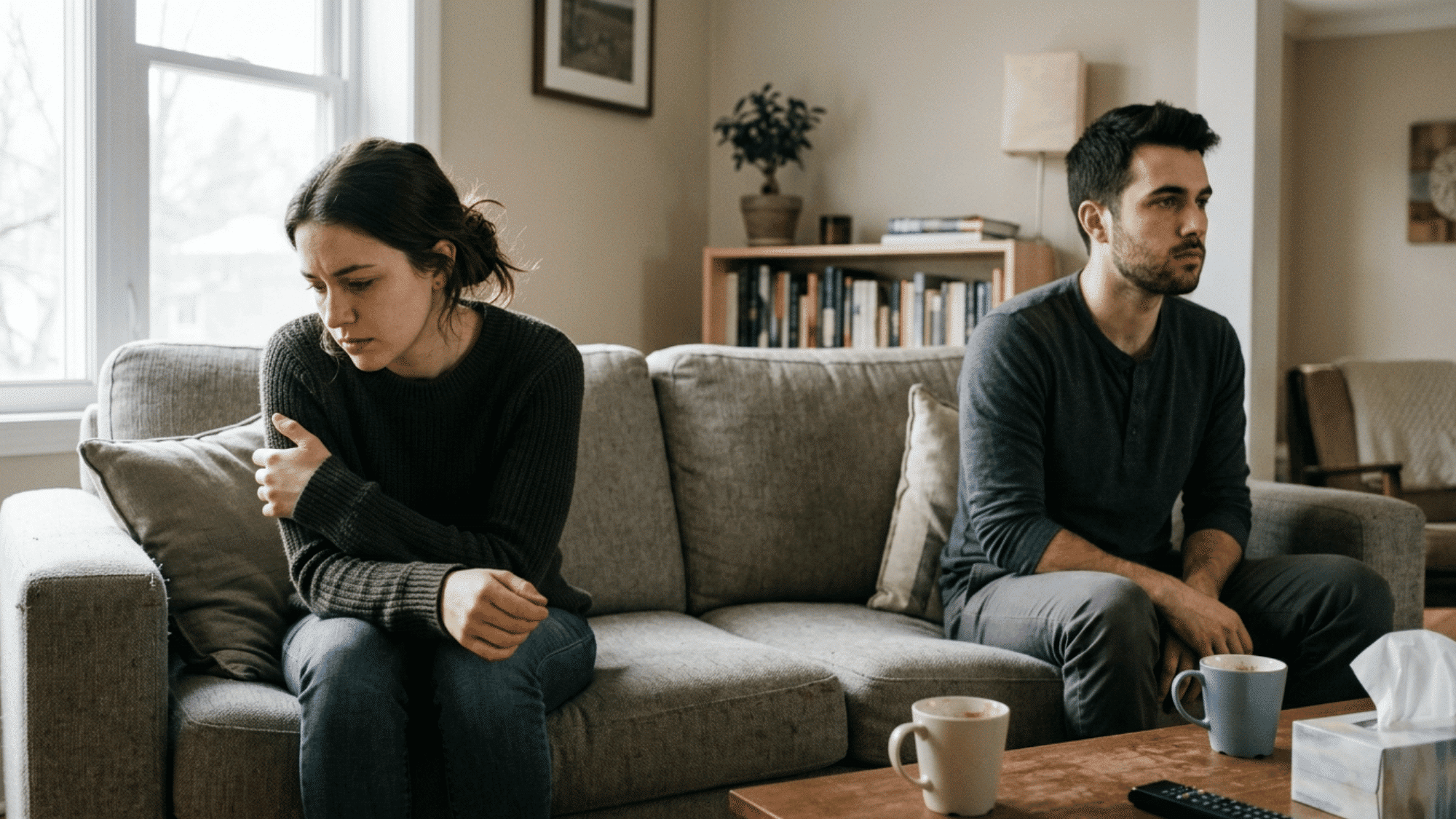 person sitting emotionally distant from their partner on a couch reflecting confusion and unhealthy attachment