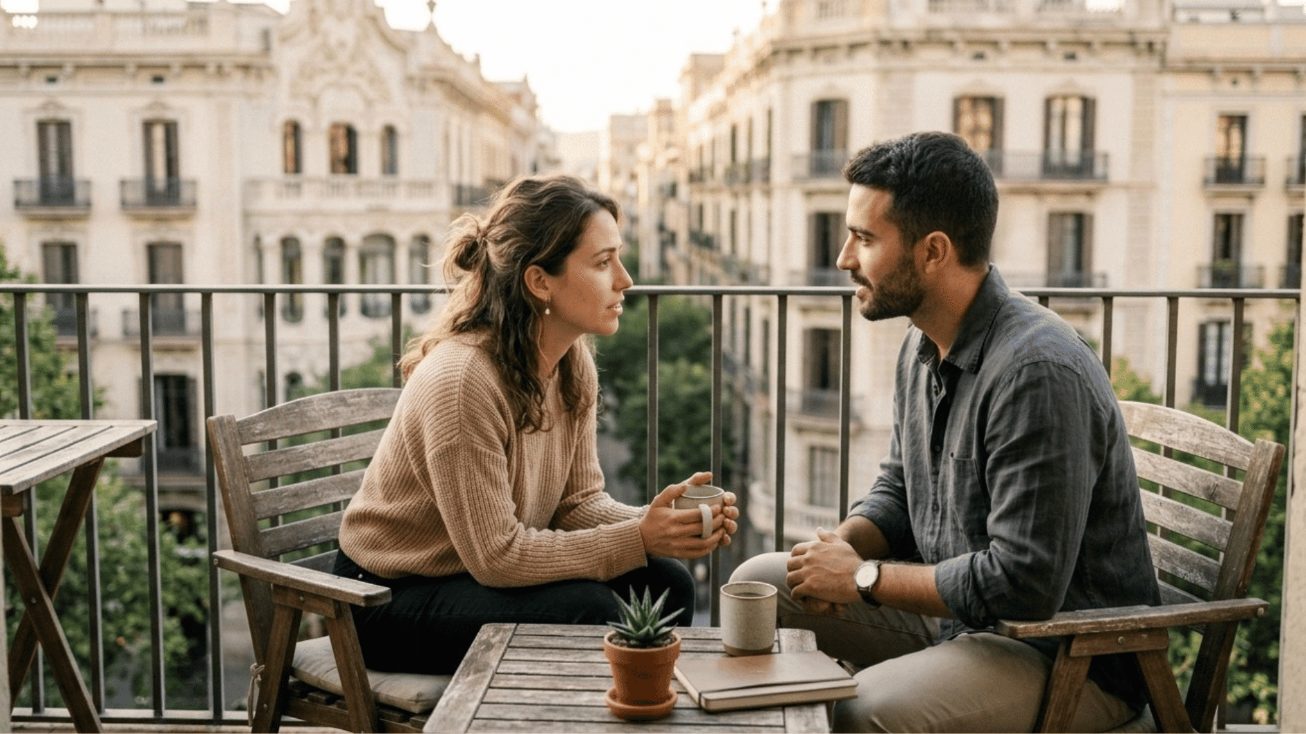 a couple sitting on the balcony and woman asking deep questions from him