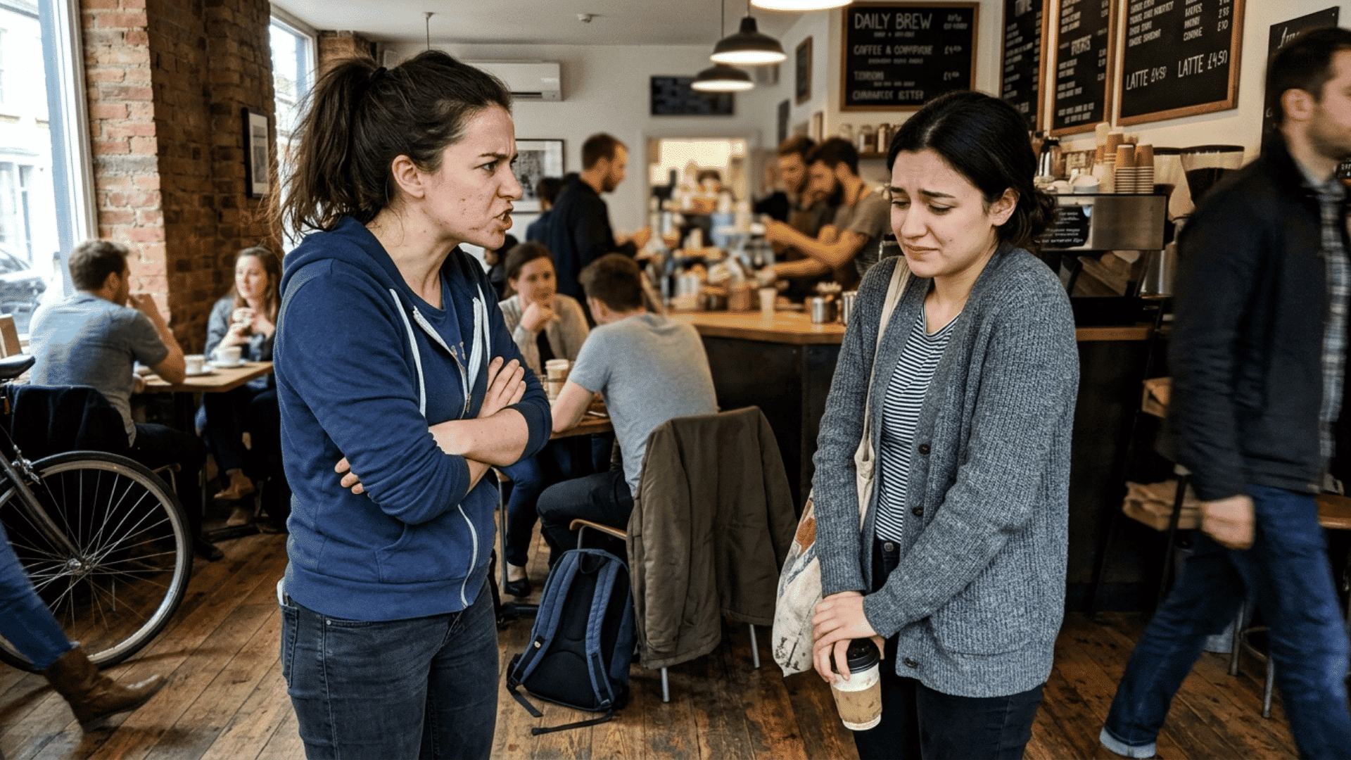 woman with crossed arms speaking harshly to another woman in a coffee shop