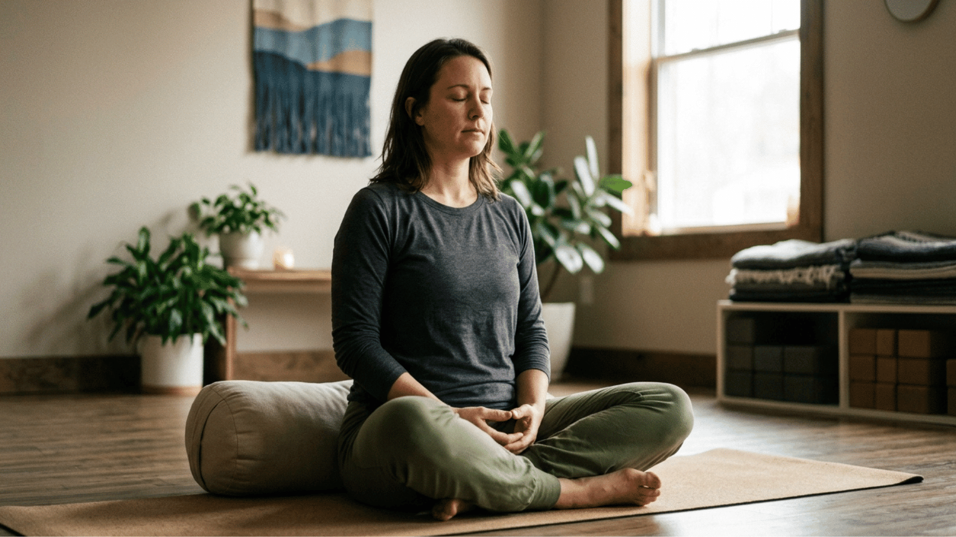 a woman doing trauma release exercise in a calm environment and surrounded with plants