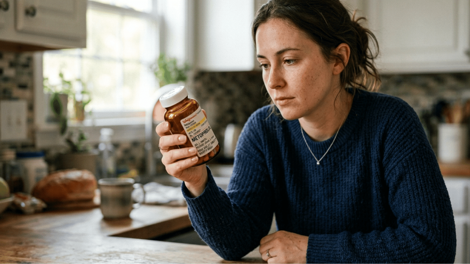 woman looking at anxiety medication bottle while considering treatment options at home