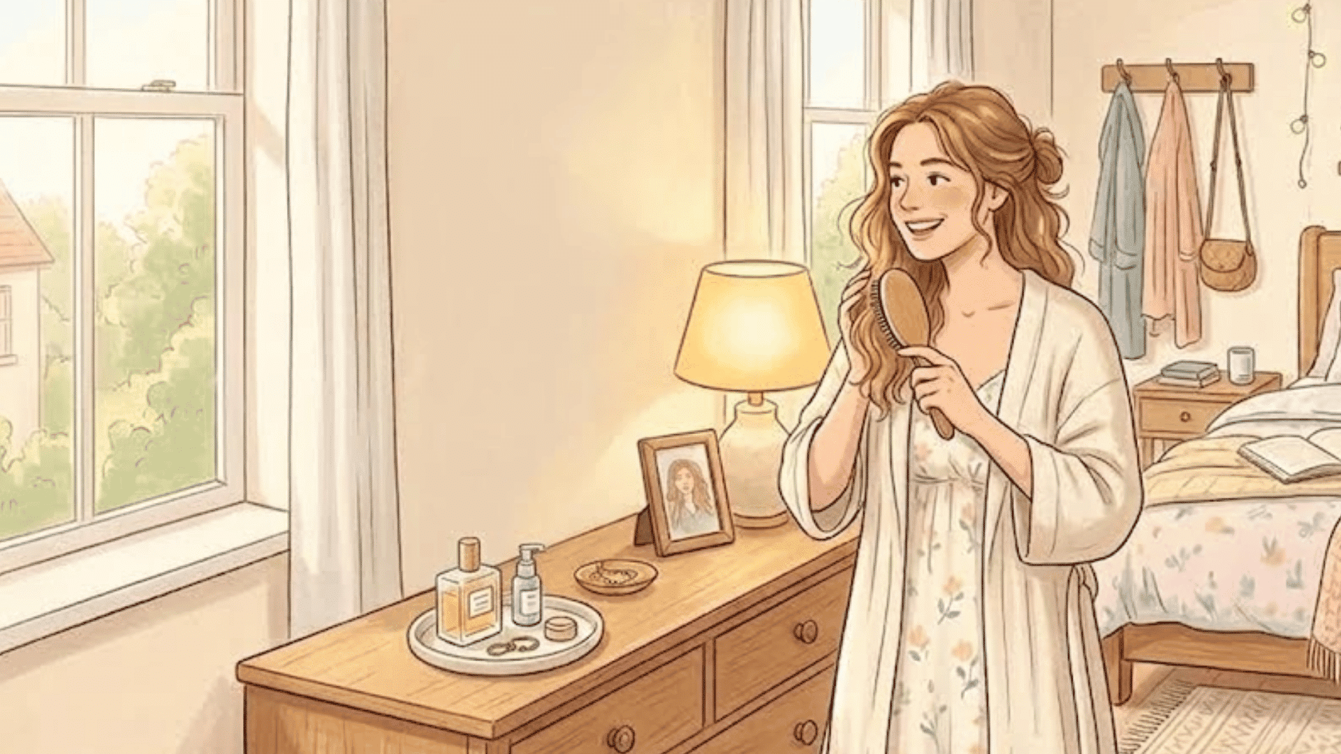 illustrated woman brushing hair in a cozy bedroom with morning sunlight and a calm daily routine
