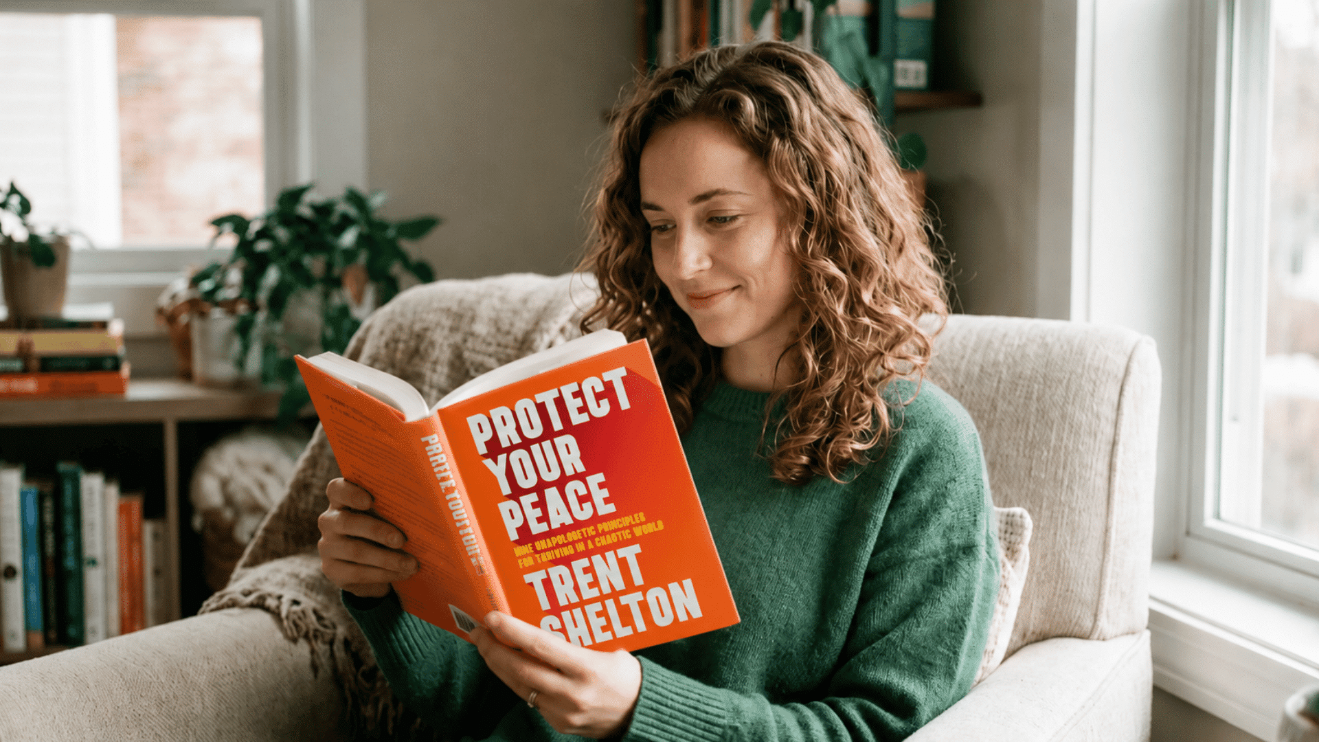 woman reading Protect Your Peace book while sitting on a cozy chair in a bright living room