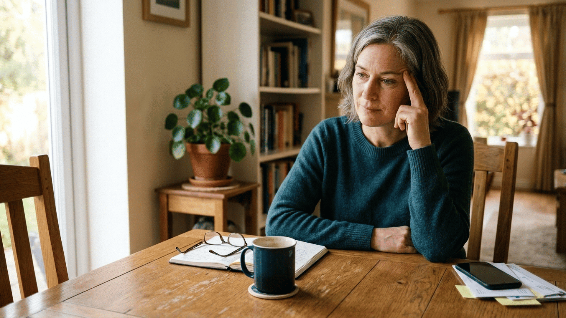 woman in her 50s touching her temple at a table with sticky notes and phone illustrating whether adhd gets worse with age