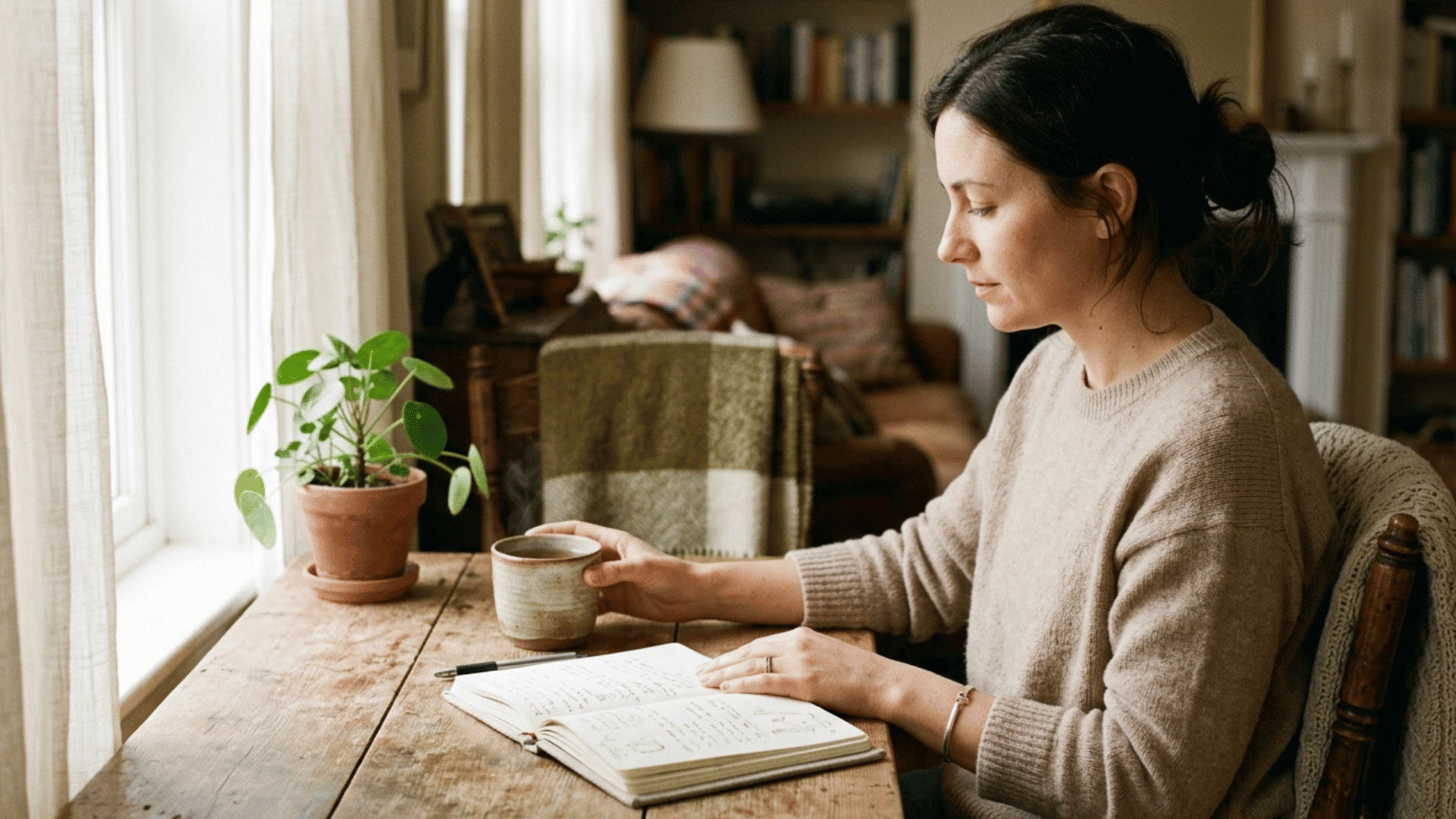 person sitting by a window journaling and holding tea while coping with grief