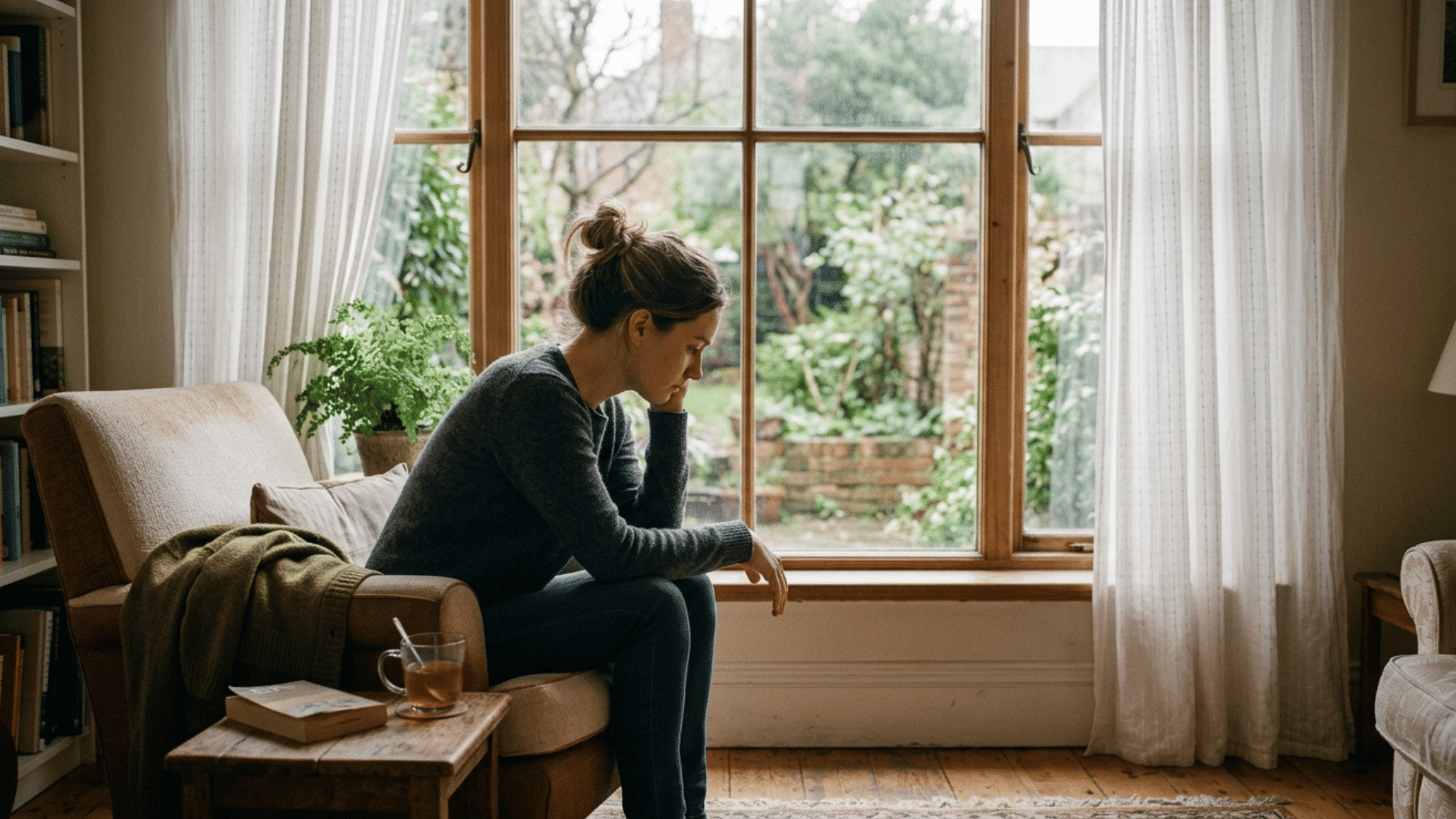 person sitting quietly by a window reflecting during the grief process