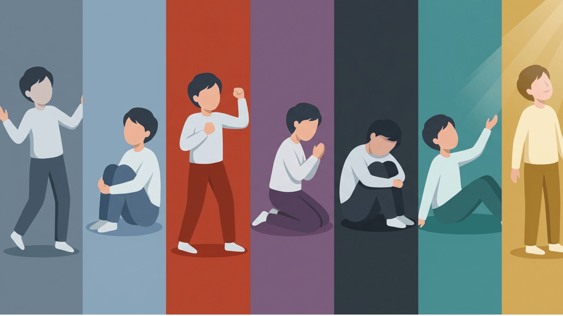 illustrated collage showing a character moving through the 7 stages of grief