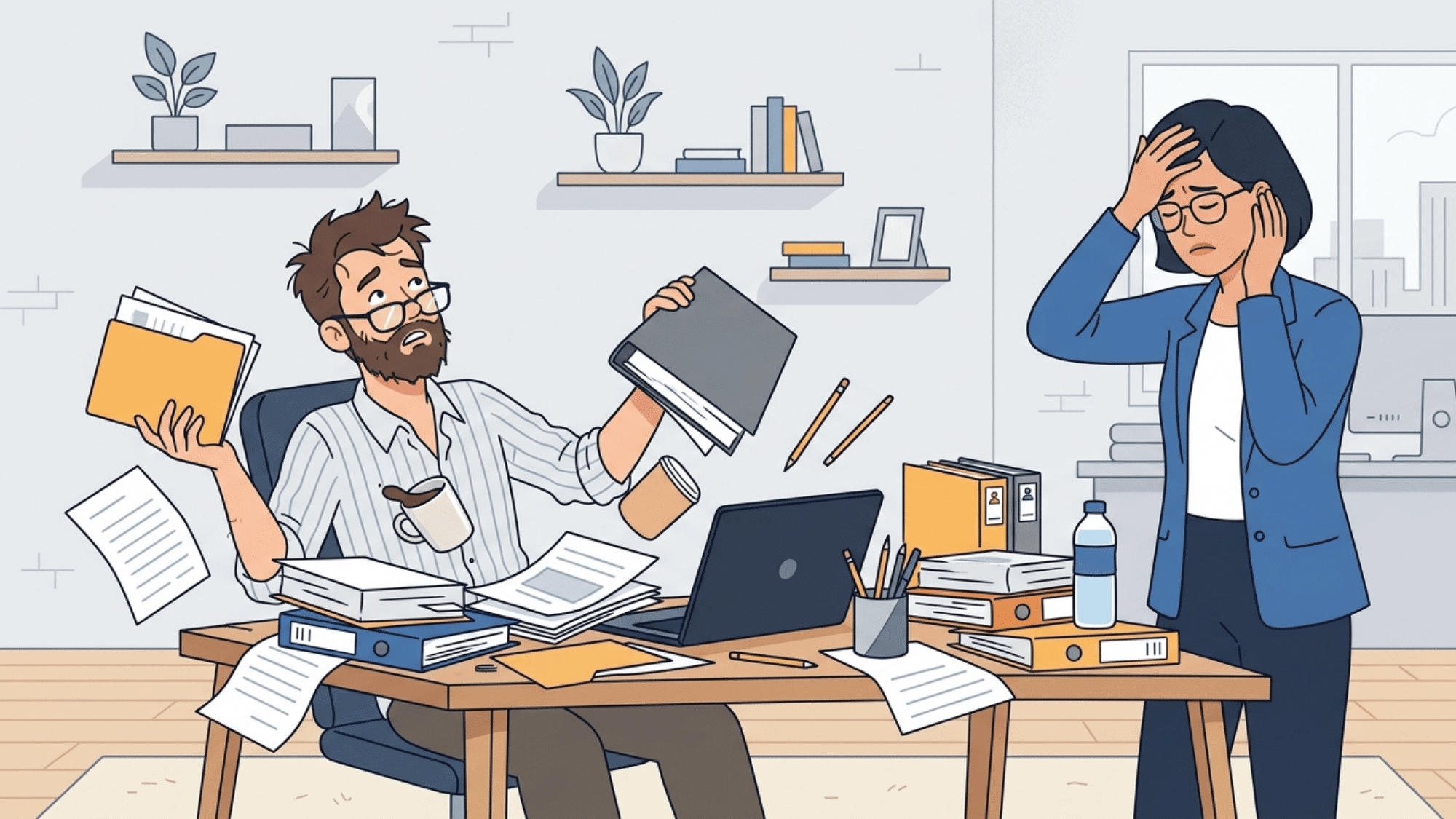 overwhelmed coworker handling multiple tasks while confused colleague avoids responsibility in a busy office