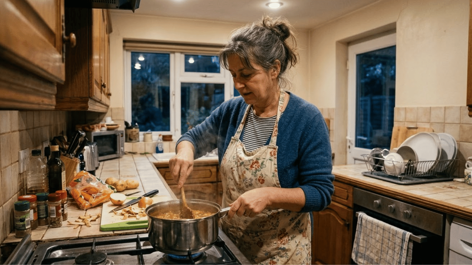 a woman cooking passionately in her home with scattered food supplies on the kitchen slab