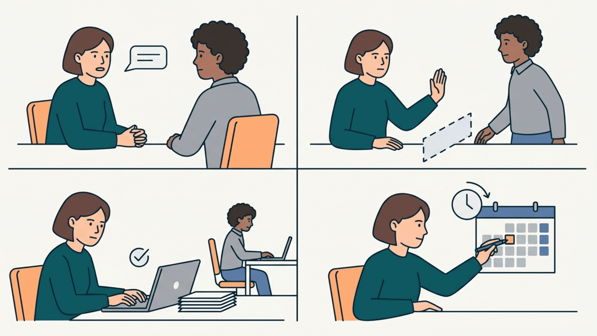 woman calmly discussing responsibilities and setting healthy boundaries with another person across a table