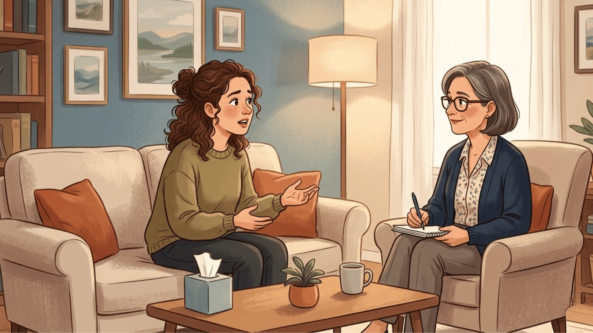 an illustration in which a person is talking to a counselor