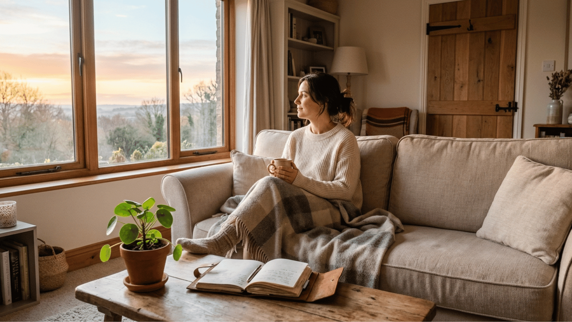 a woman sitting peacefully on a cozy couch near a large window, surrounded by warm natural light, representing safety and recovery