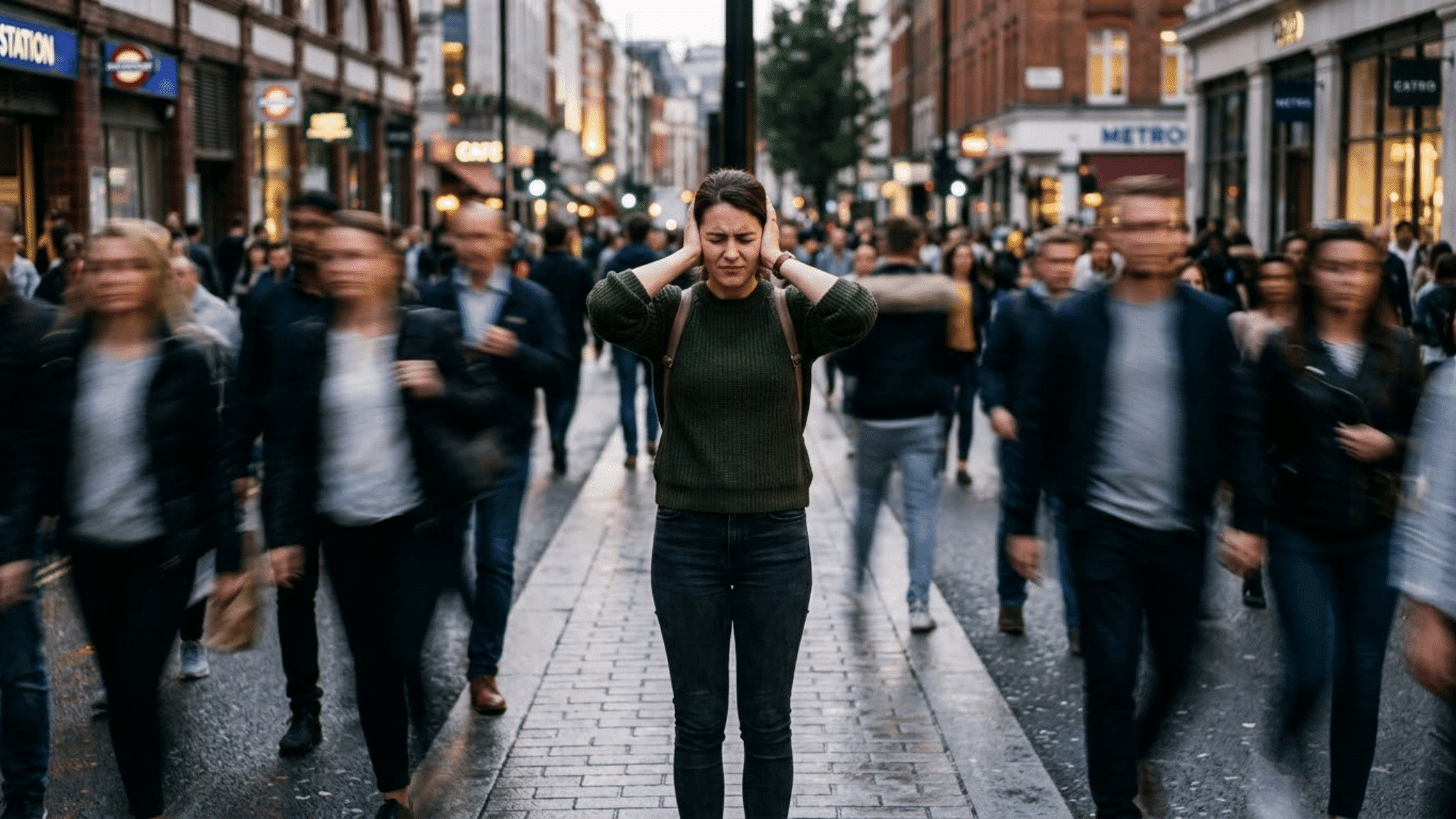 adult experiencing sensory overload in a crowded city street with hands covering ears due to overwhelming surroundings