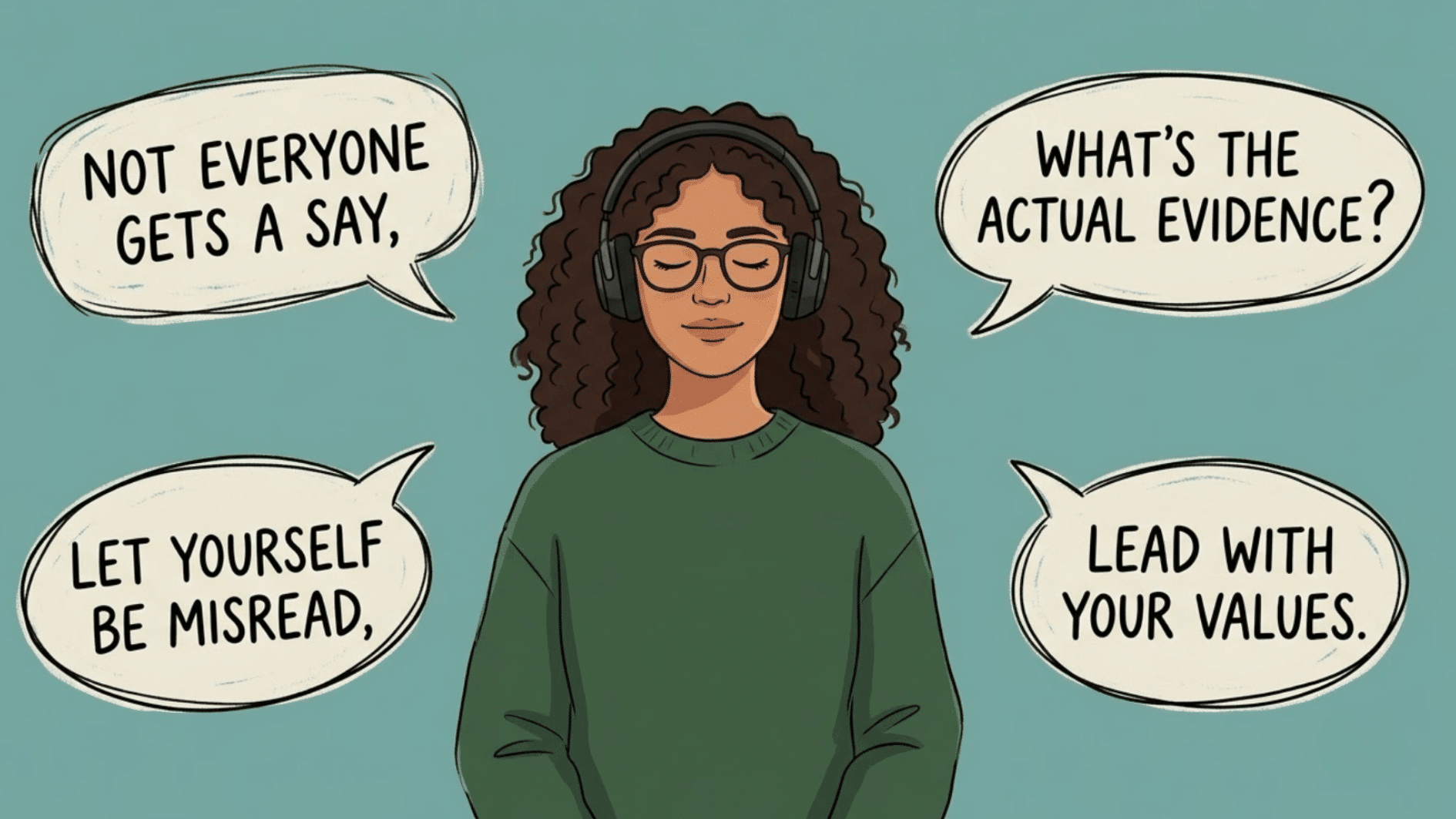 illustration of a calm woman with headphones on, surrounded by speech bubbles representing ways to tune out others' opinions