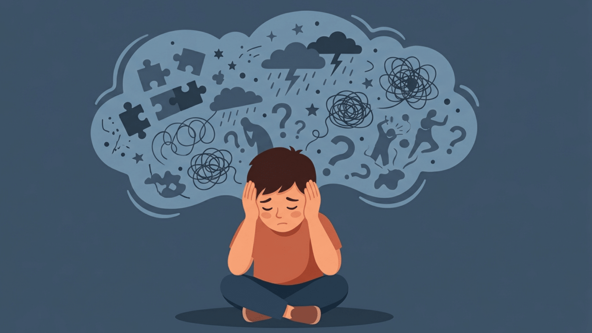young boy holding his head with a thought cloud showing emotional overwhelm from trauma and stressor-related disorders